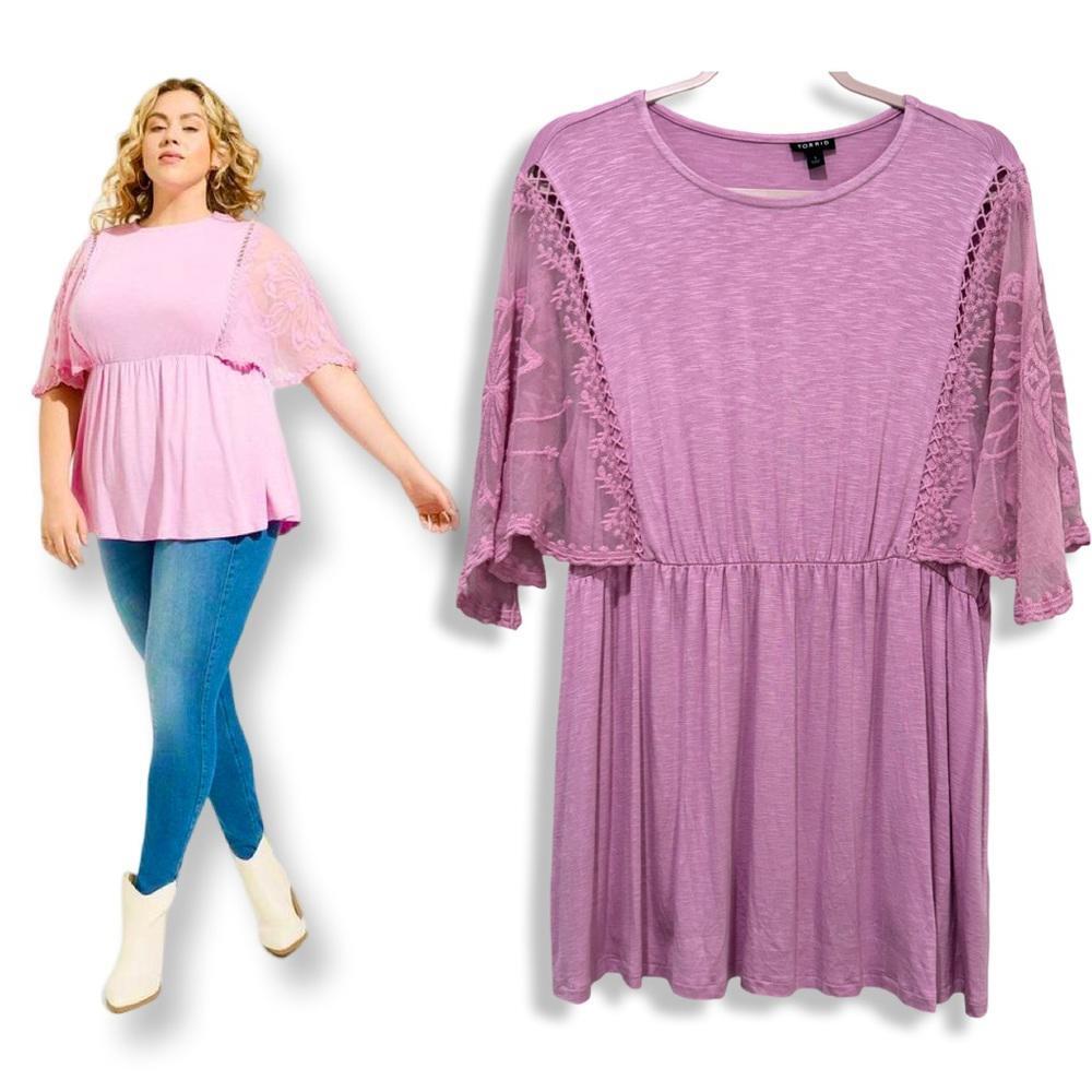 TORRID LACE DOLMAN SLEEVE BABYDOLL TUNIC TOP KNIT CREW NECK PLUS STRETCH FLOWY