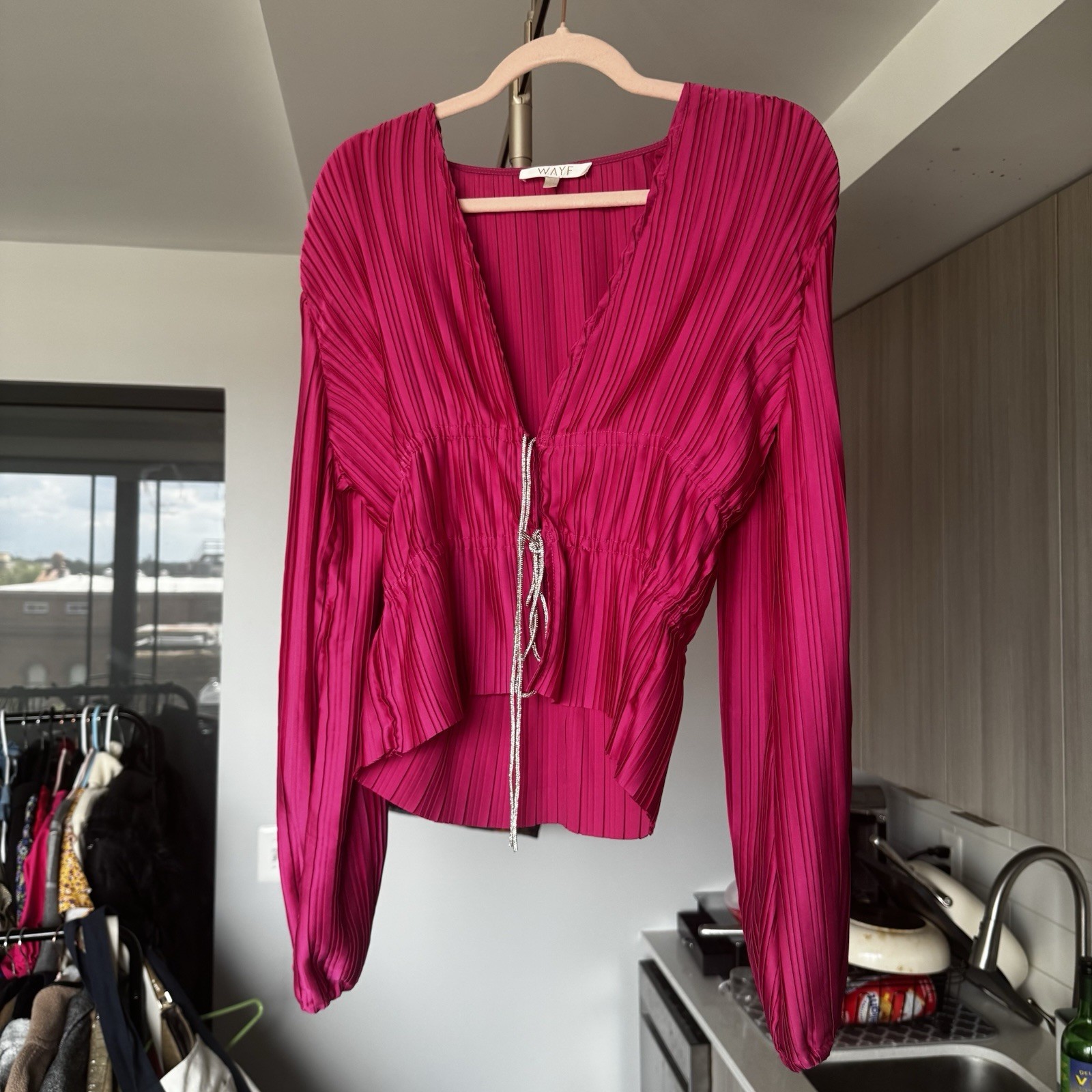 WAYF Payton Tie-Front Blouse Pleated Pink Satin Rhinestone Small
