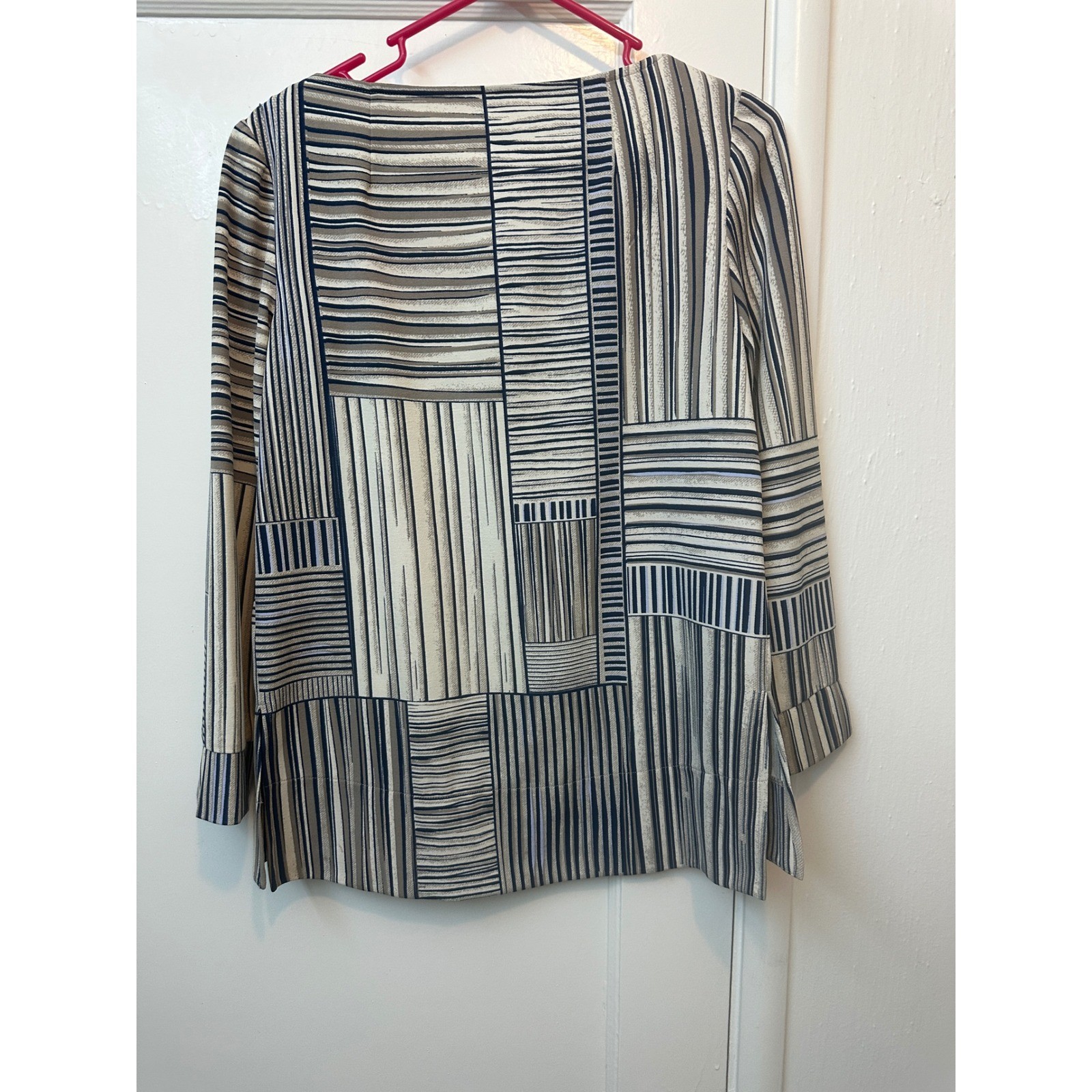Nic + Zoe Womens XS Navy Cream Striped Geometric Grid Boat Neck Blouse Top