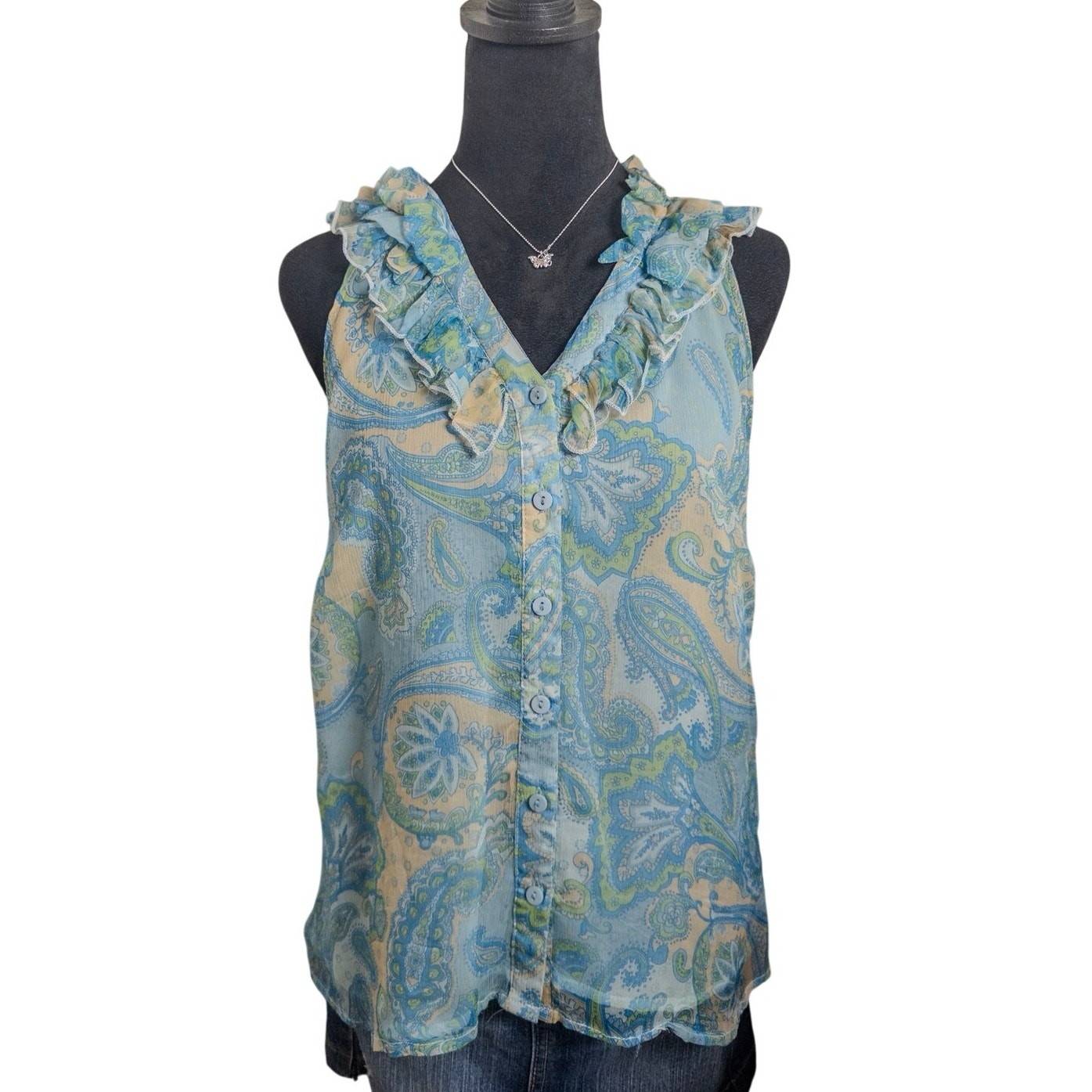 Y2K Elena Solano Silk Paisley Ruffle Blouse Blue Sheer Button Front Small