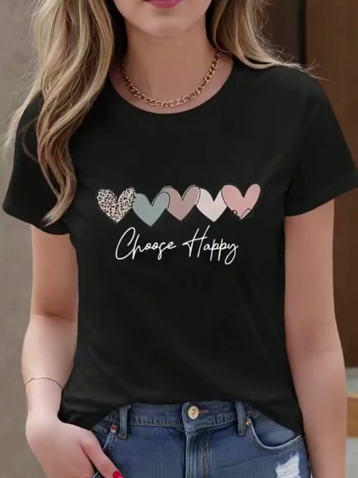 Choose Happy Minimalist Script Tee – Leopard Heart & Pastel Hearts T-Shirt