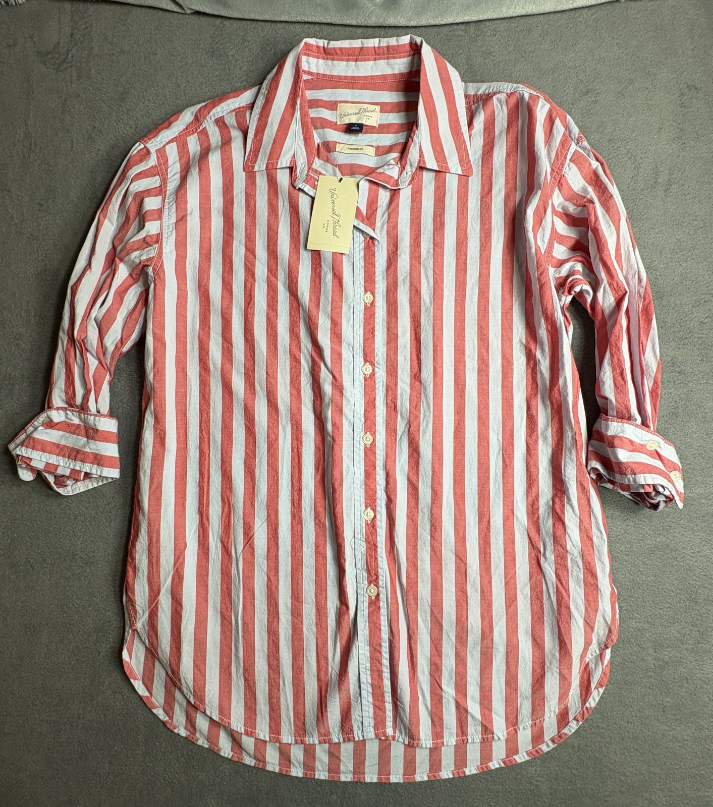 UNIVERSAL THREADS RED & GRAY VERTICAL STRIPED 100% COTTON MID/LONG SLEEVE XL XL