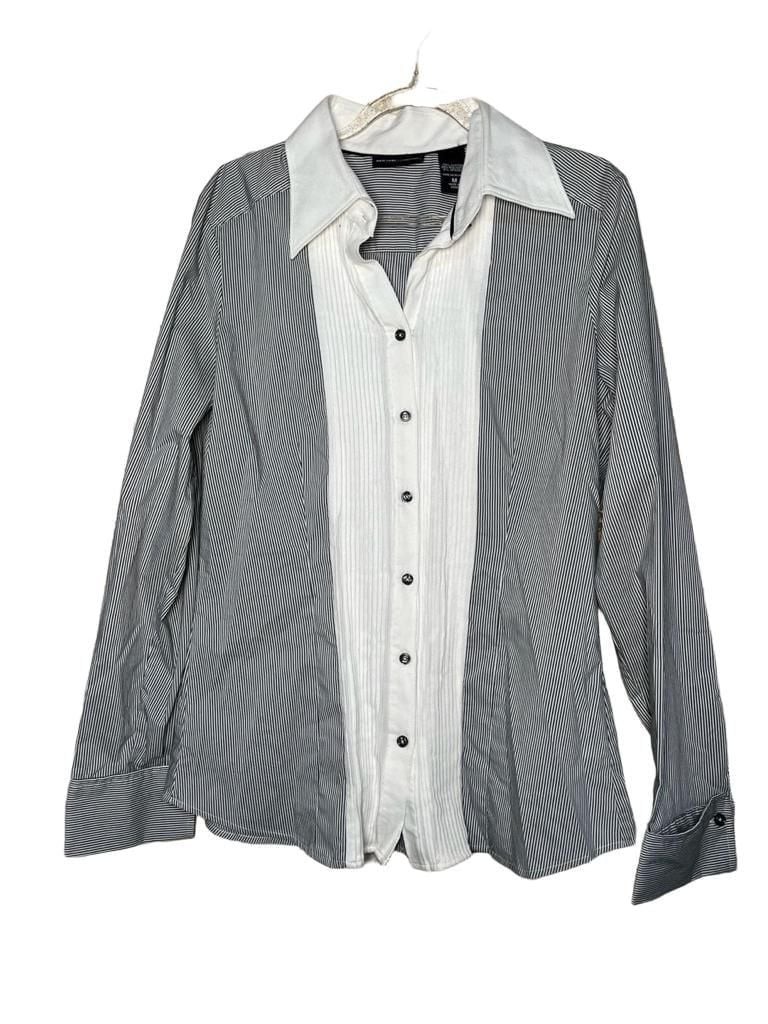 New York & Co Stretch Black and White Striped Button-Down Blouse Pleated Detail