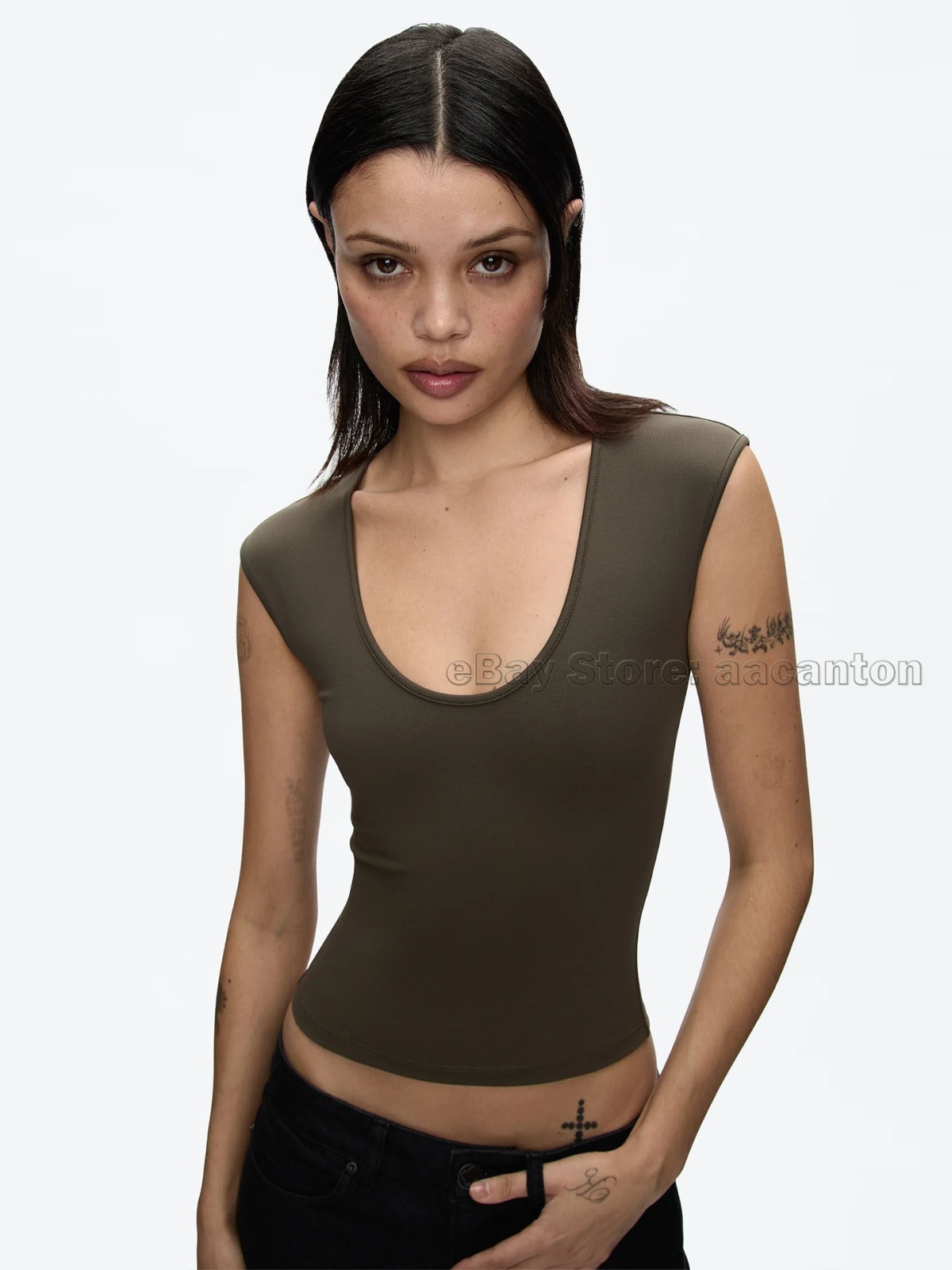 Tank Air Women Large U-neck T-shirts Tight Fit Fixed Dye High Stretch Short Top