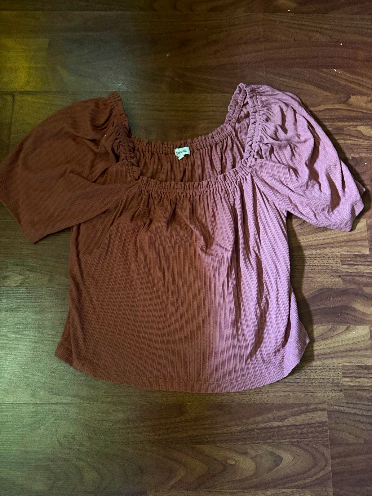 Madswell Women’s Off-the-Shoulder Puff Sleeve Ruffle Blouse L Brown