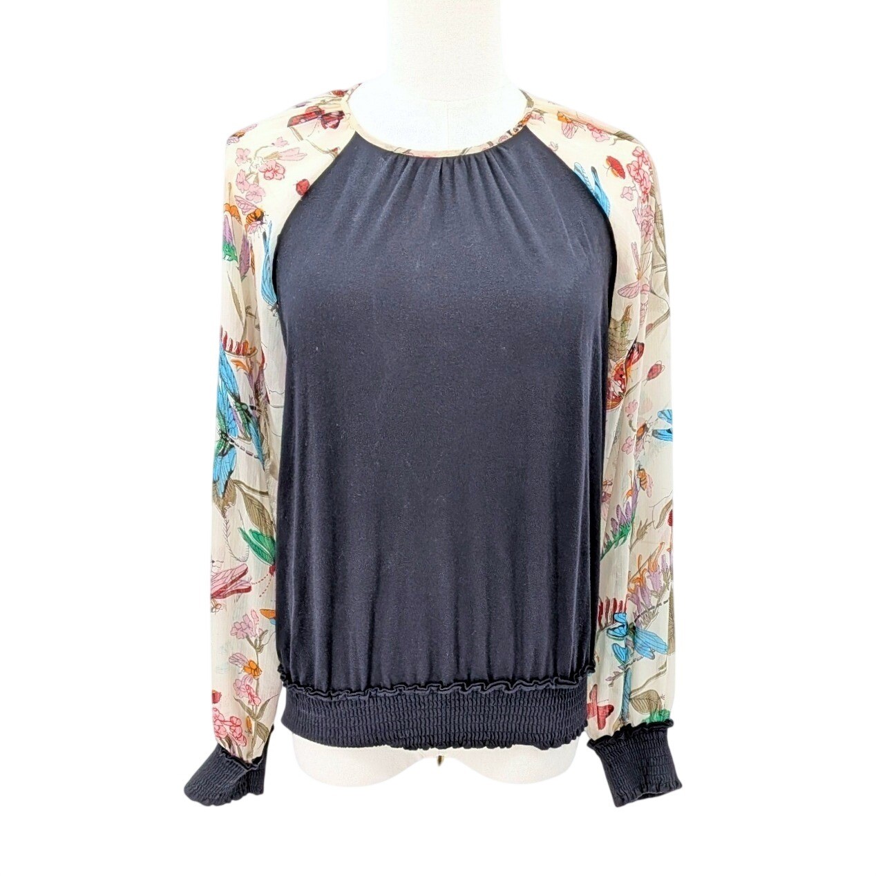 Boho Raglan Floral Sleeve Top Smocked Hem Tiny Brand Small