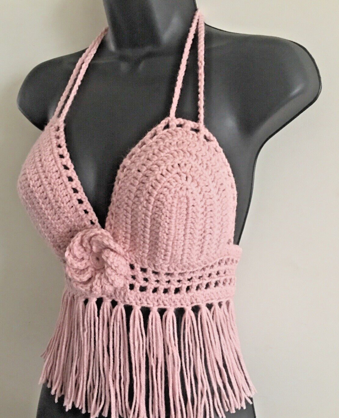 LOW PRICE TOP HANDMADE CROP TOP HALTER TOP BRALETTE FRINGE CORSET BLUSH PINK