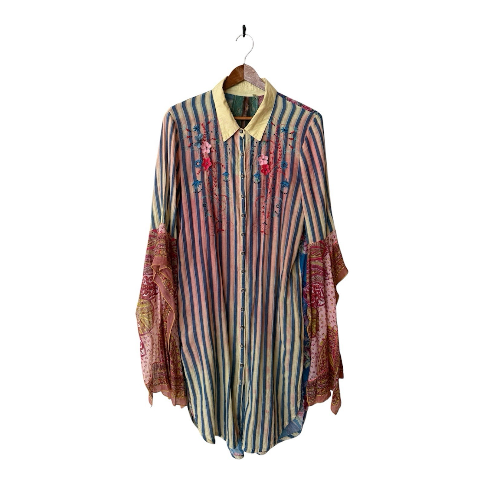 Aratta Silent Journey Beatriz Shirt Tunic Womens Size Large Floral Stripes