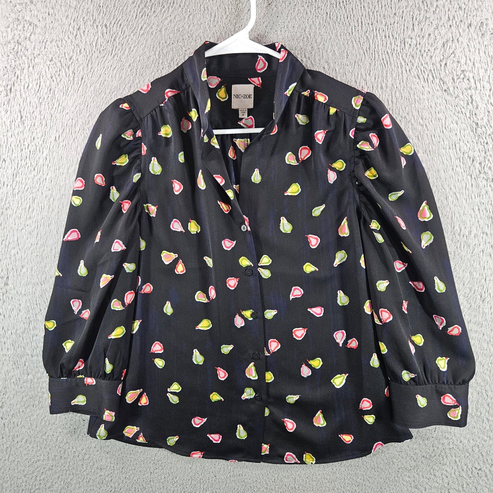 Nic+Zoe Womens Small Black Fruit Print Puff Sleeve Button Up Blouse Stand Collar