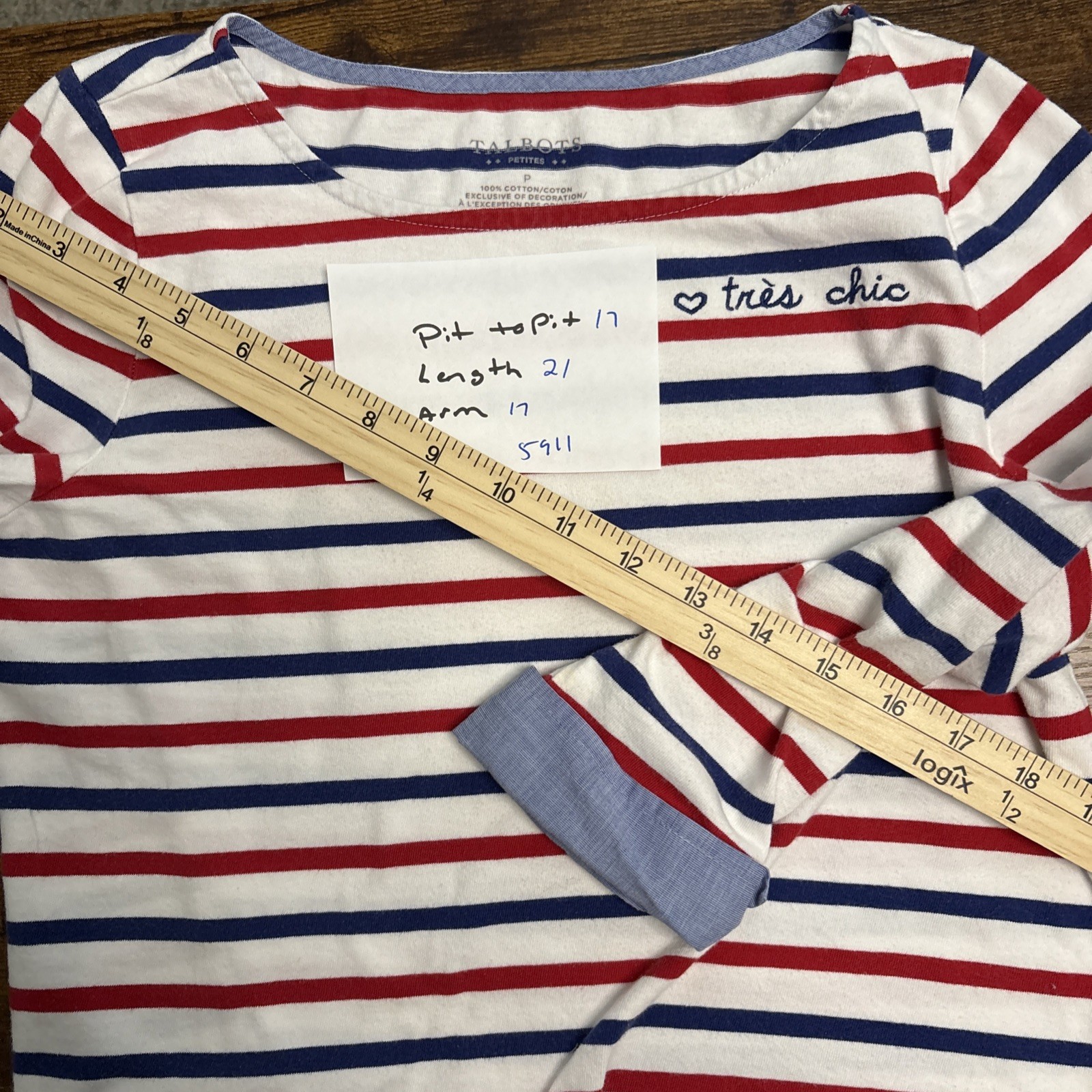 Talbots Tres Chic Striped Pullover Knit Top Womens Size P Red White & Blue