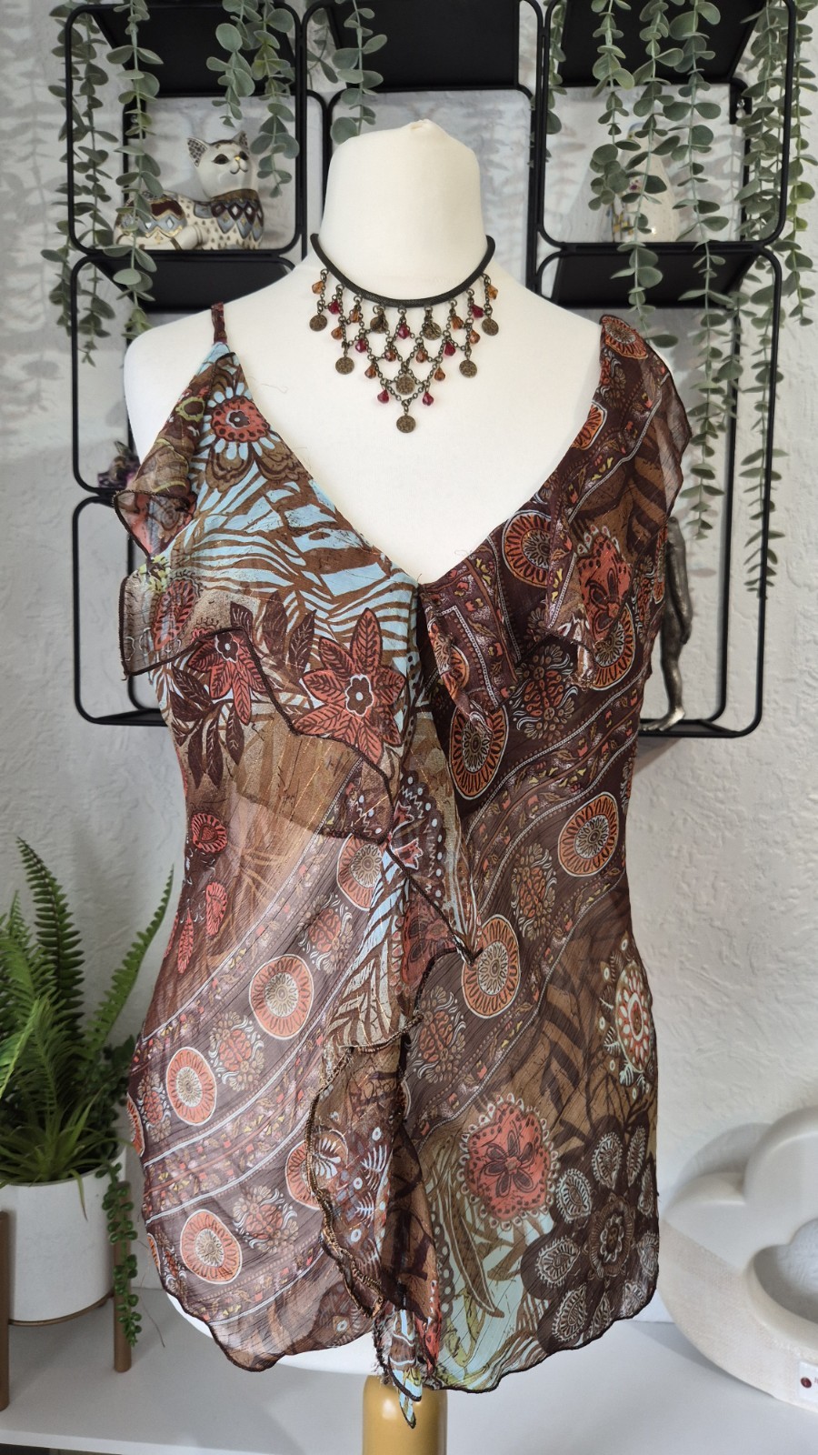 Y2K Pure Silk Sheer Ruffle Asymmetrical Top UK 10 EU 38