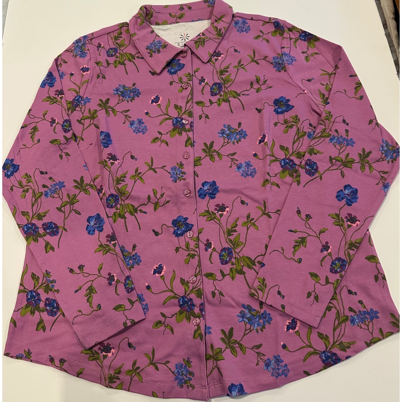 Isaac Mizrahi Pima Cotton Floral Button Down Shirt Mauve Missy’s Large A517322