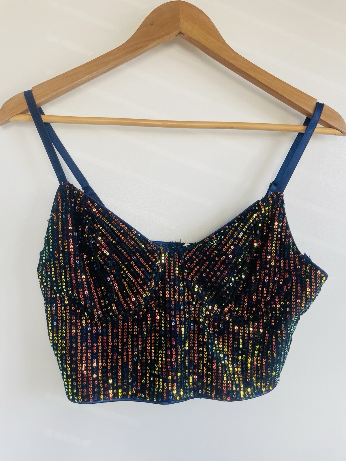 Iridescent Rainbow Sequin Bustier Top Women Small Navy Blue Night Out