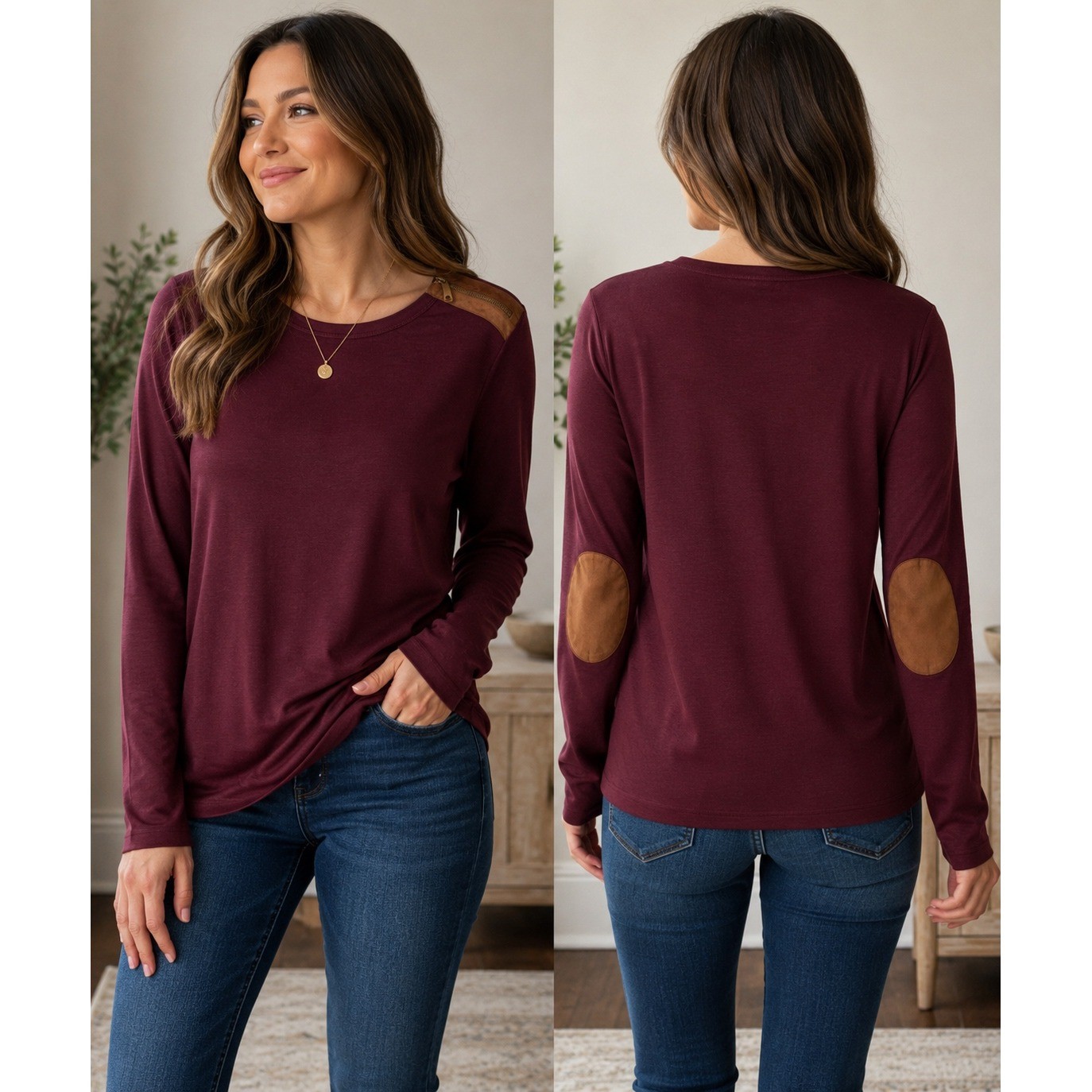 Lauren Ralph Lauren Burgundy Cotton Top Faux Suede Zip Shoulder Elbow Patches L