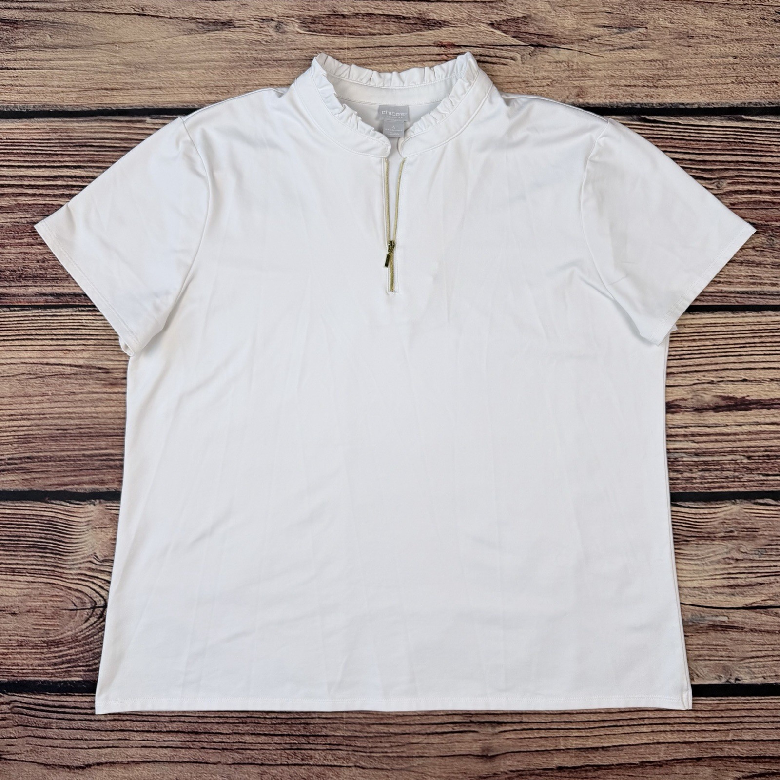 Chico’s Zenergy Womens Tunic 1/4 Zip White Stand Up Ruffle Collar Sz 4 US 20/22