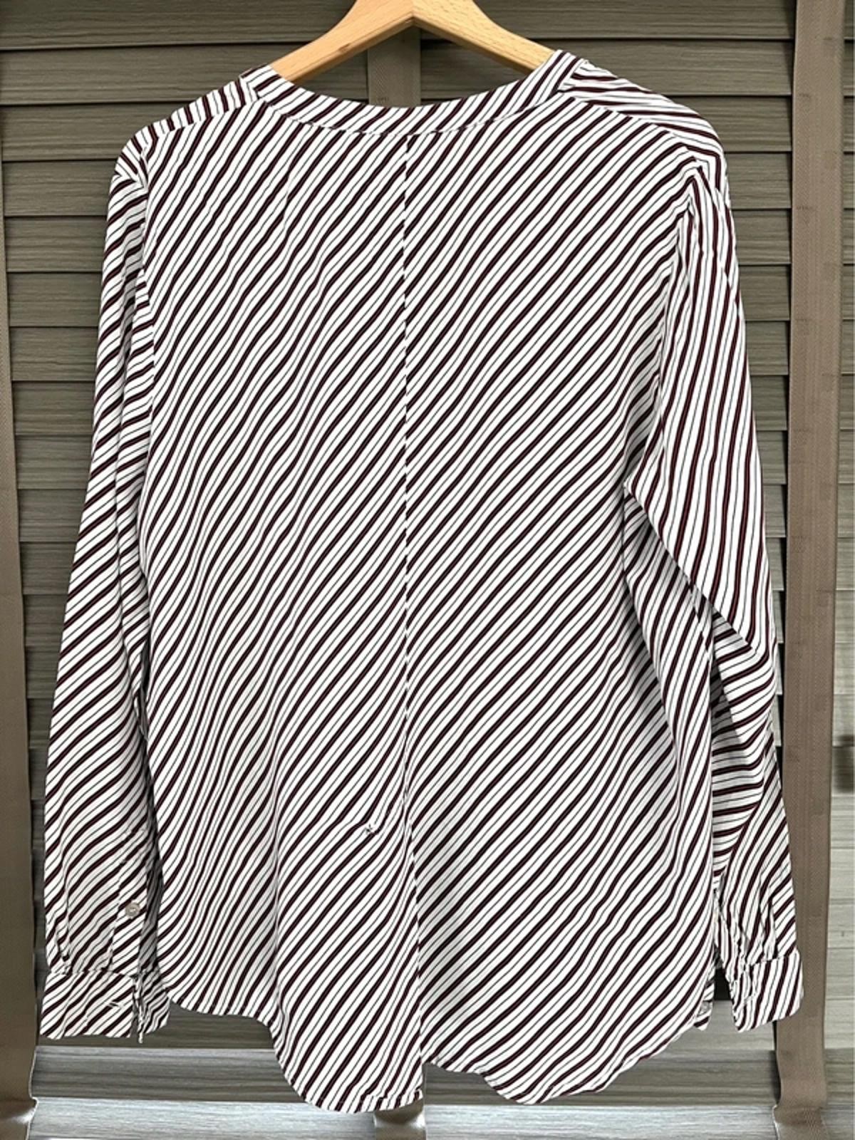 Whistles White Red and Black Striped Blouse 14 Cupro Silk Feel V-Neck Shirt