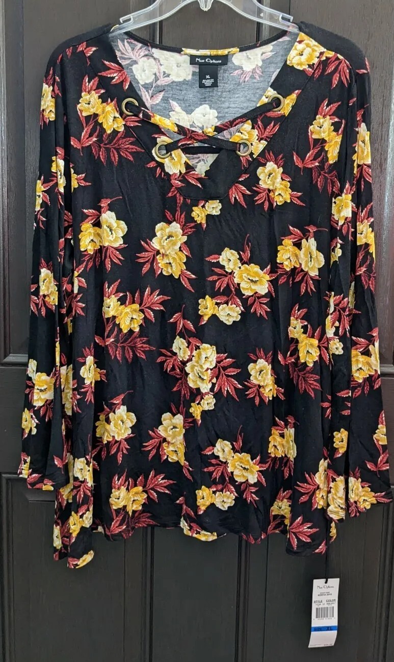 Nue Options Womens NEW Blouse XL Criss Cross Design on Chest Long Bell Sleeves