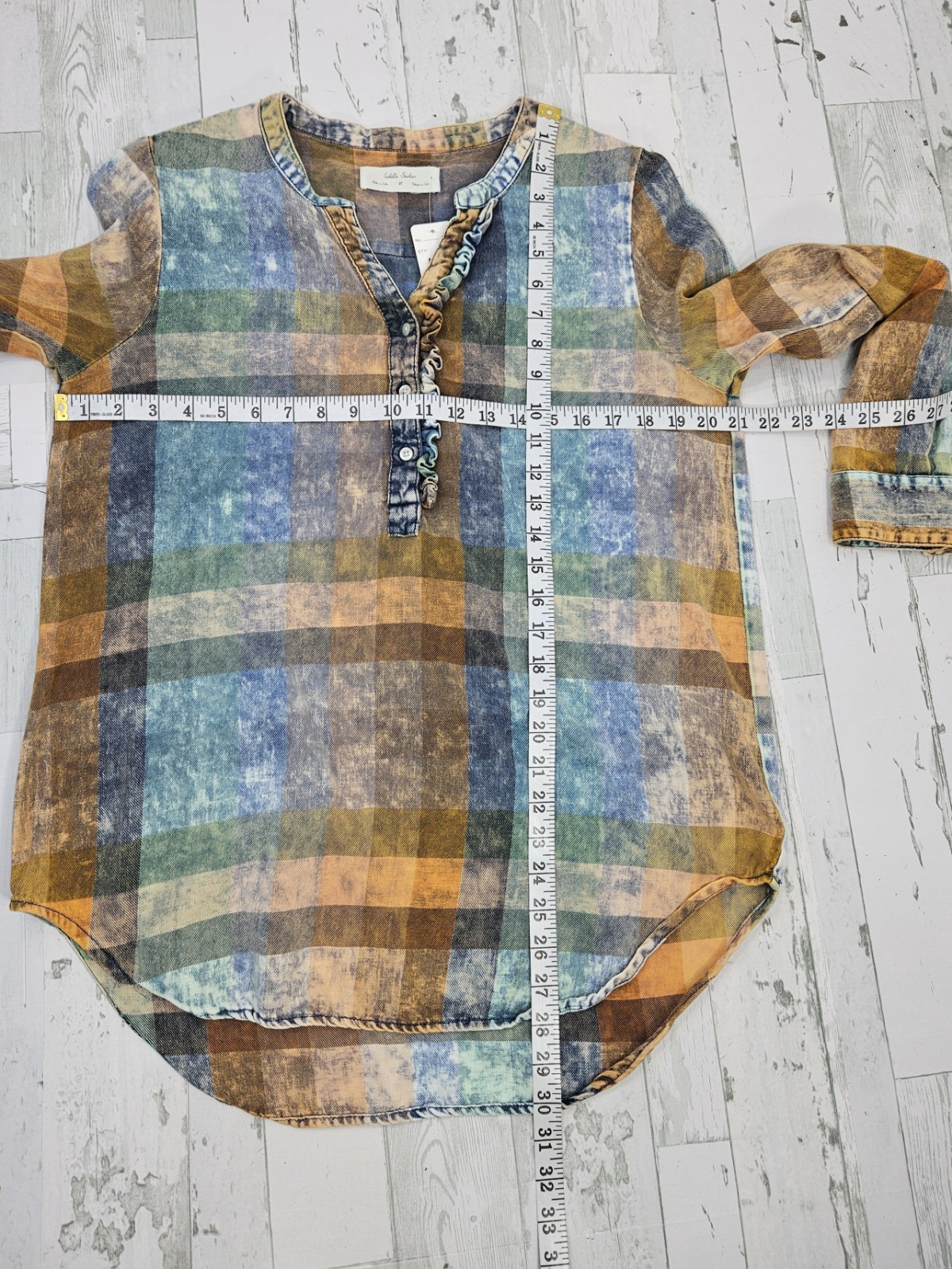 Isabella Sinclair Plaid Tunic Shirt Medium Ruffle V Neck Long Sleeves