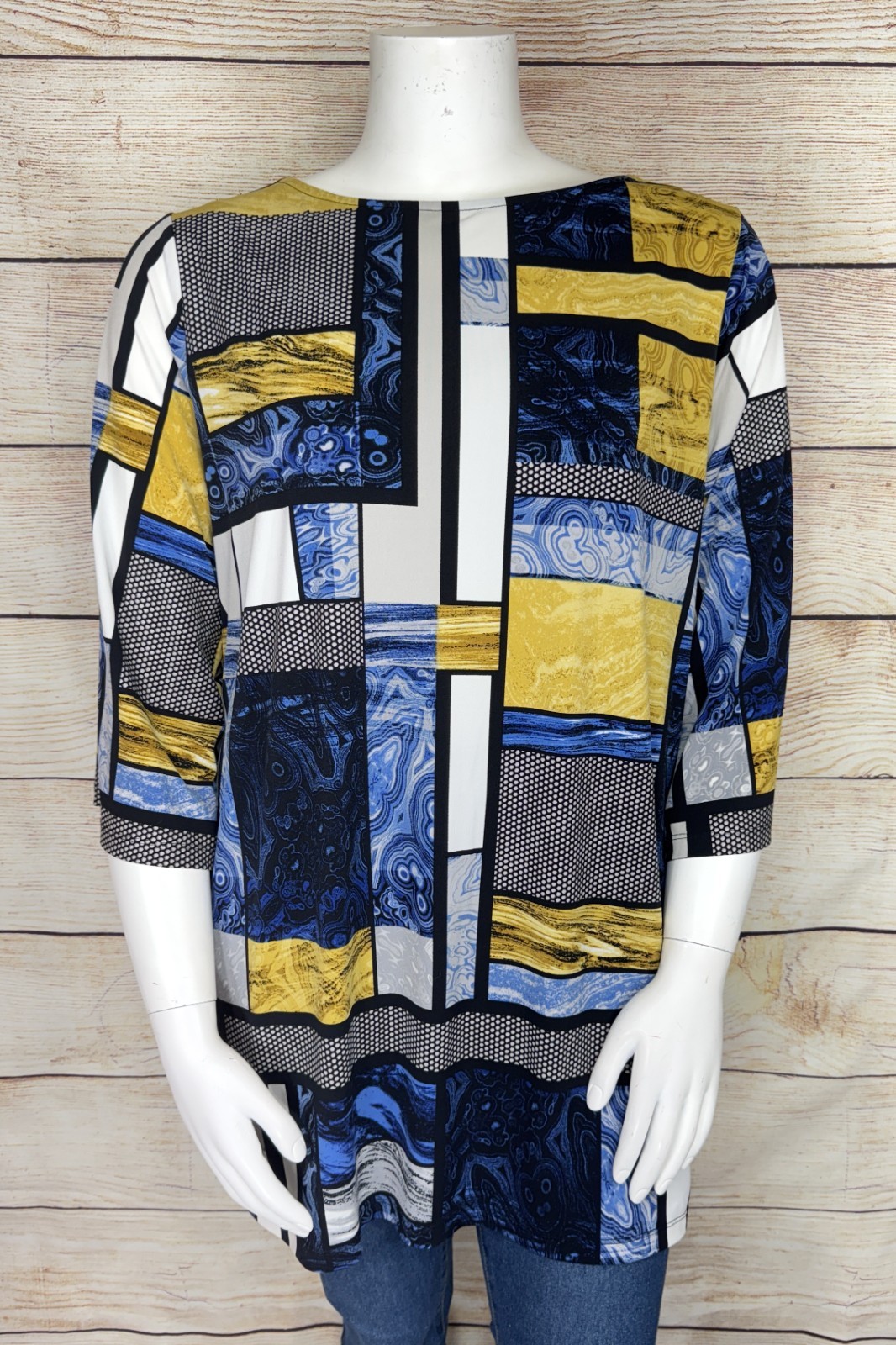 JM Collection Woman 2X Blue Gold White Gray Geometric Block Tunic Blouse EUC