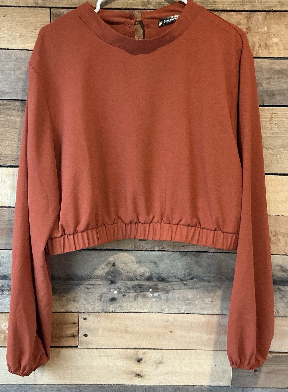 Fashion Women XXL Orange Cropped Top Flared Sleeves Keyhole Neck Peasant Boho