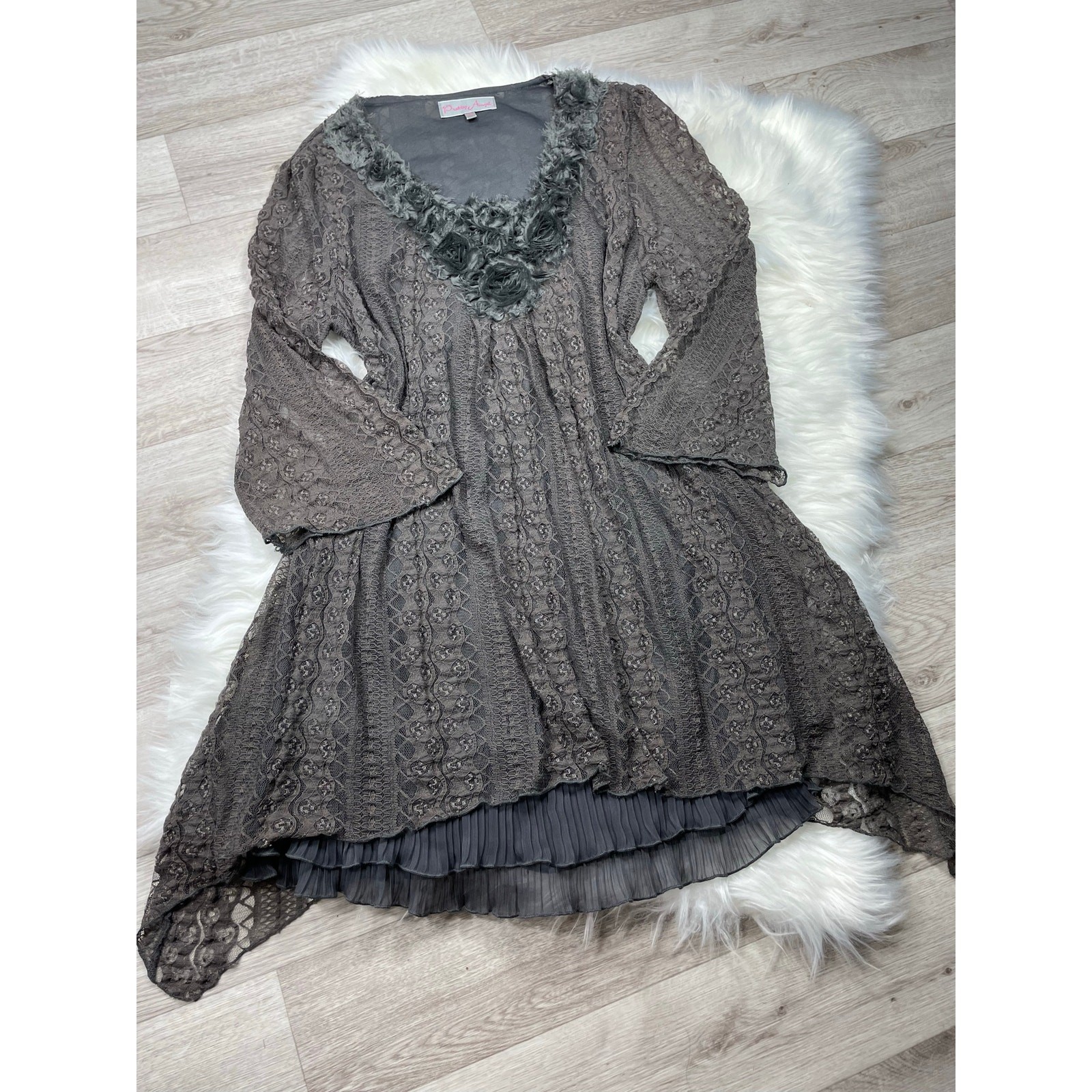 Pretty Angel Lace Floral Applique Bell Sleeve Tunic Top Dress Boho Lagenlook XL
