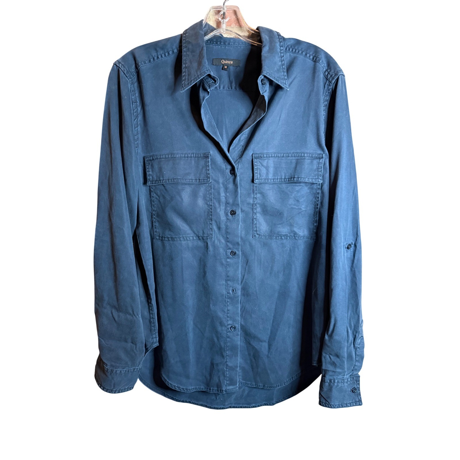 Quince Navy Blue 100% Tencel Lyocell Roll Tab Sleeve Utility Shirt Womens Medium