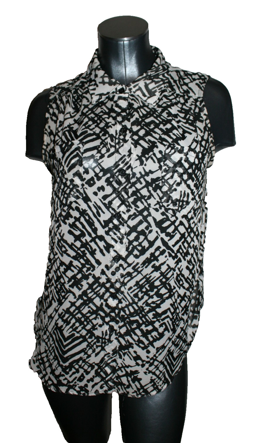 Womens AB Studio Button Front Sleeveless Collared Sheer Top Black Gray Med