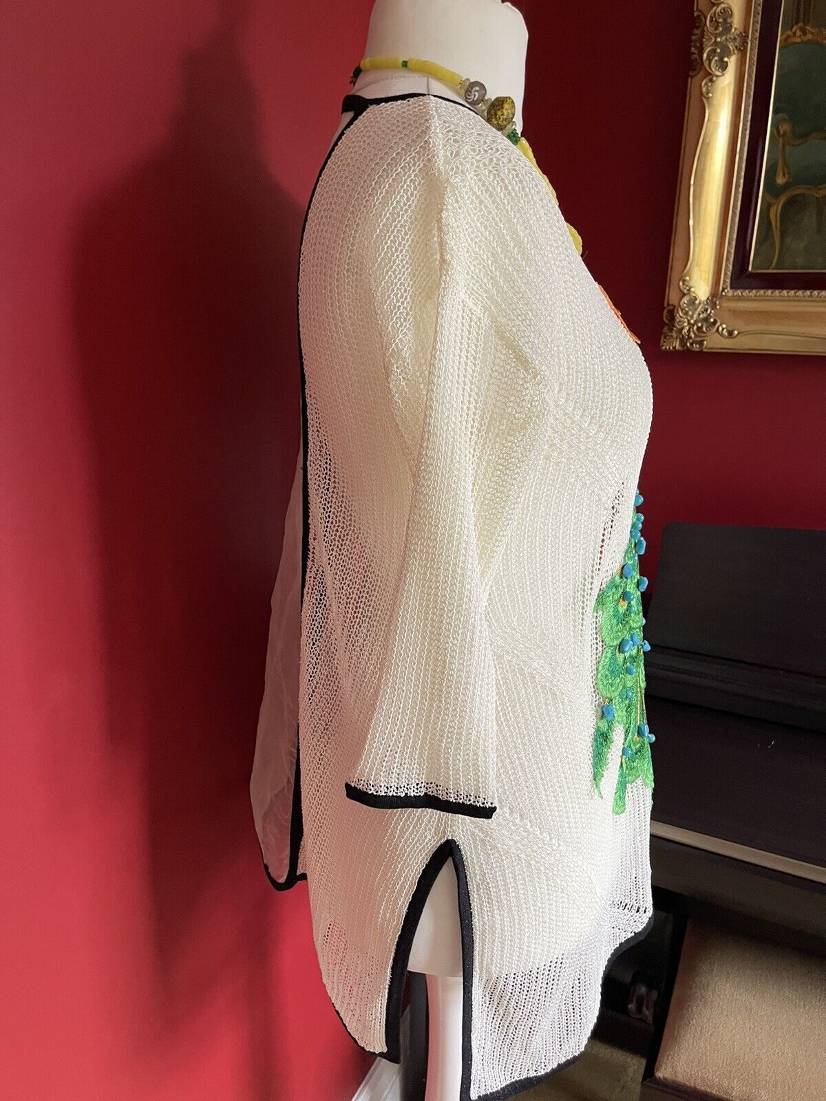 DooYue Peacock Appliqué Beaded sequin lace colourful sheer croshet tunic top M