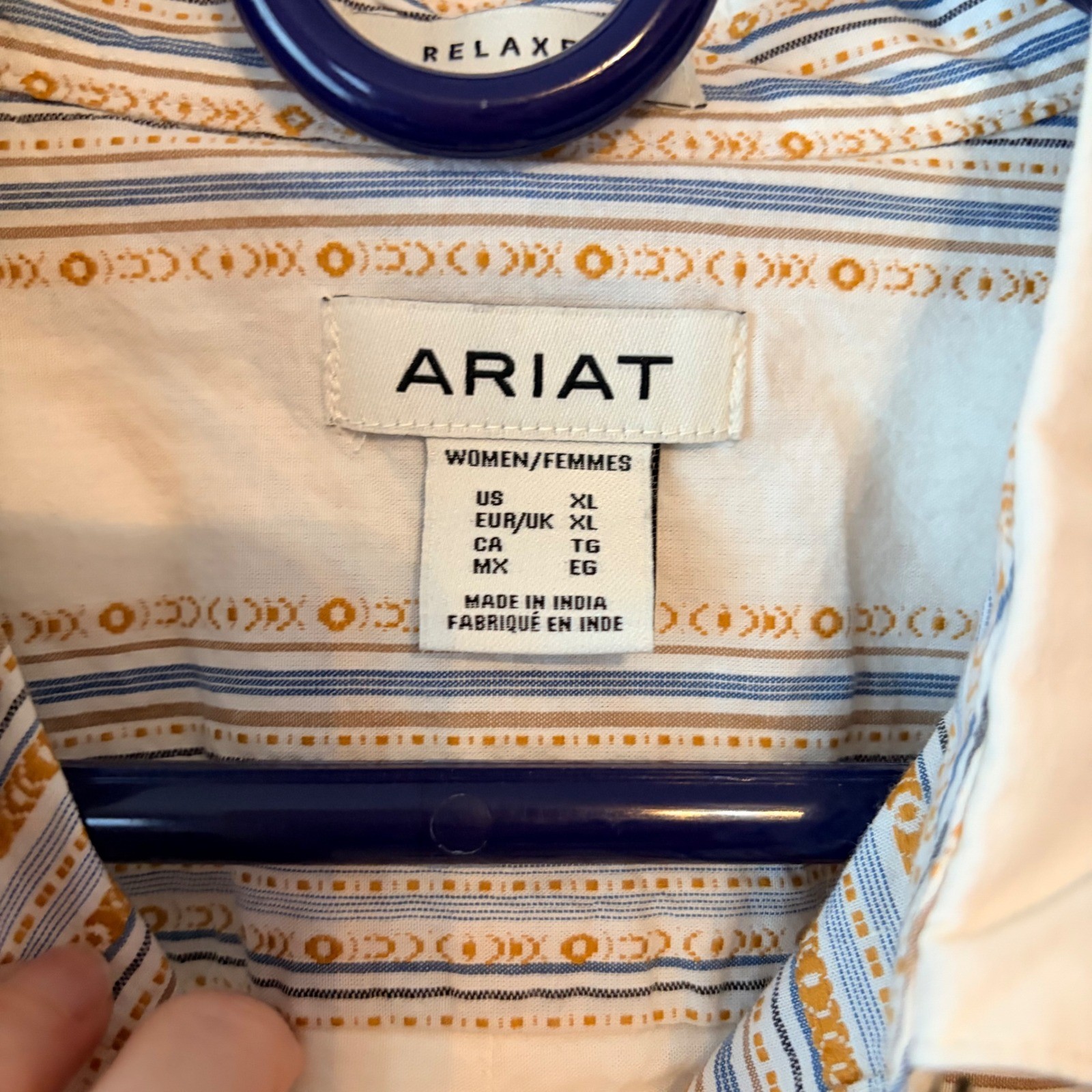 Ariat Billie Jean Western Button Down Shirt Relaxed Fit Cream Mustard Blue XL
