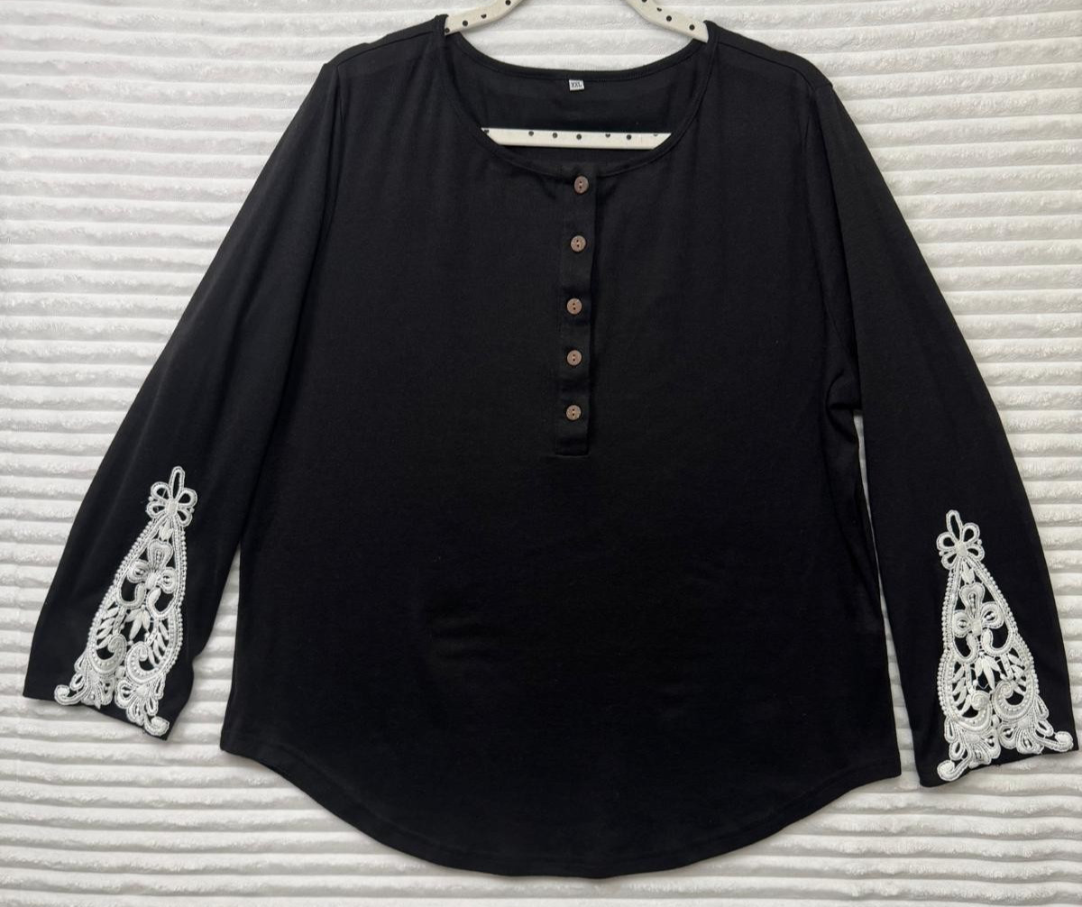 Women XXL Black Henley Blouse White Guipure Lace Bell Sleeve Boho Top