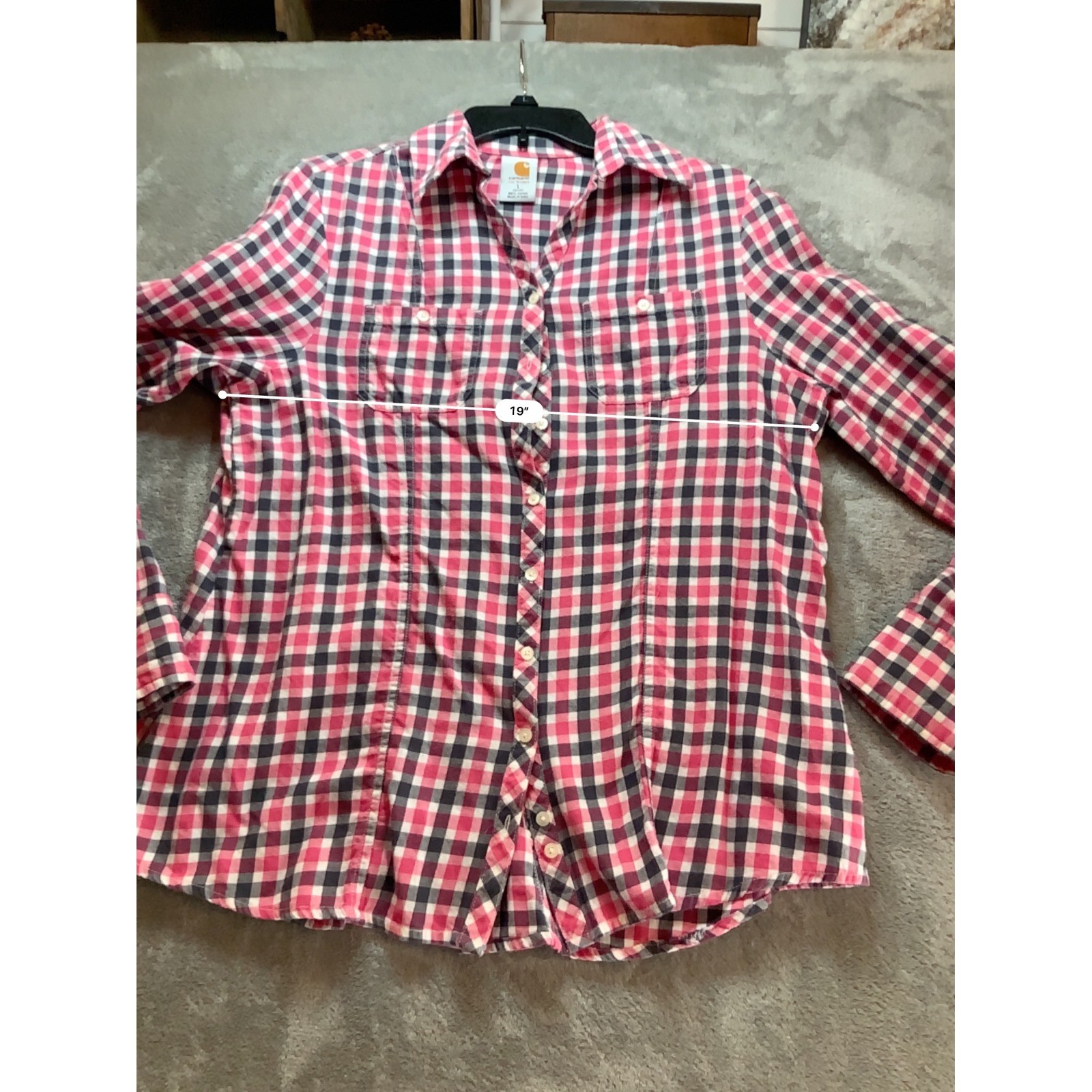 Carhartt Womens Pink Navy Blue Gingham Plaid Button Down Shirt Large L 12/14