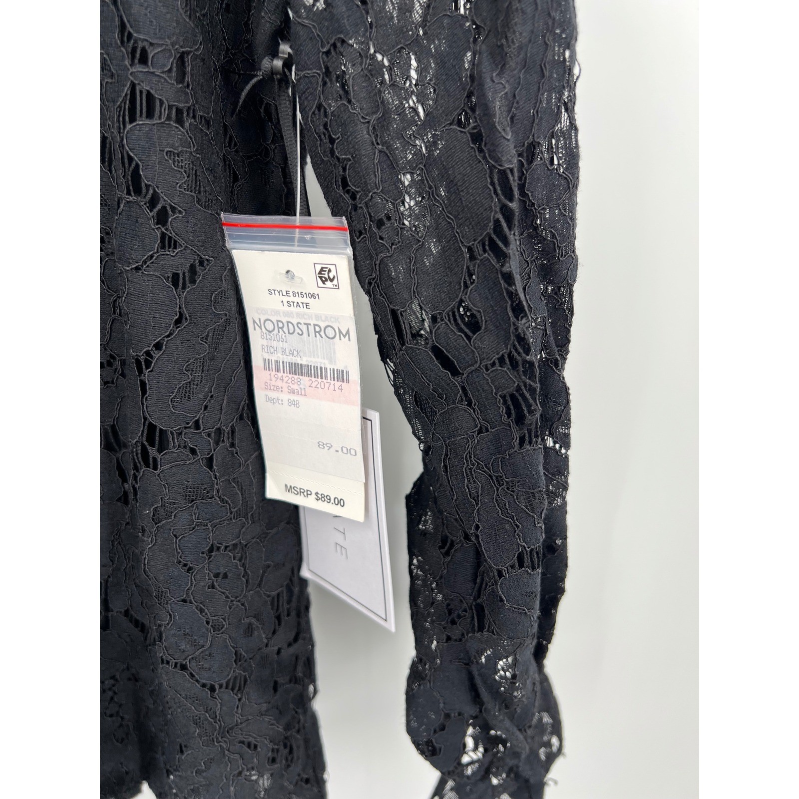 1.STATE Womens Rich Black Lace Smocked Mock Neck Blouse Small NWT