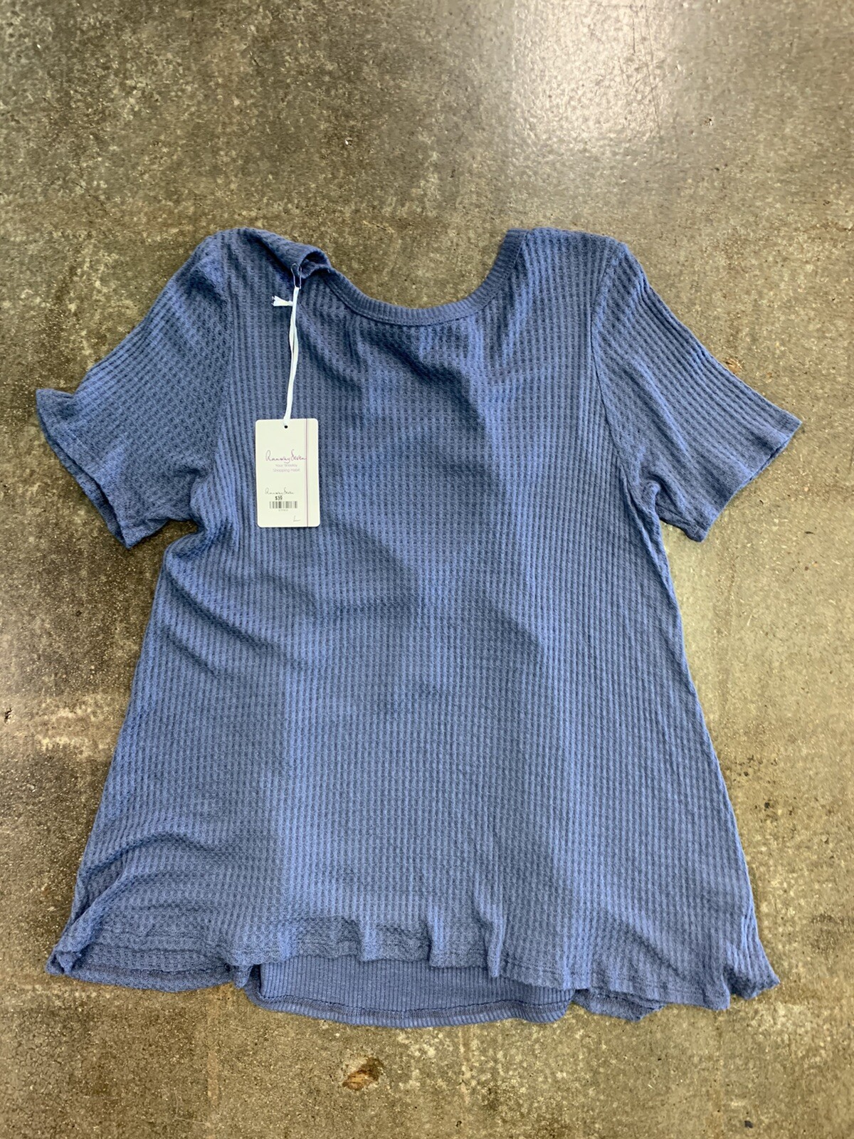 Sweet Claire Blue Waffle Knit Lace Up Back Short Sleeve Top Women’s Size Large*