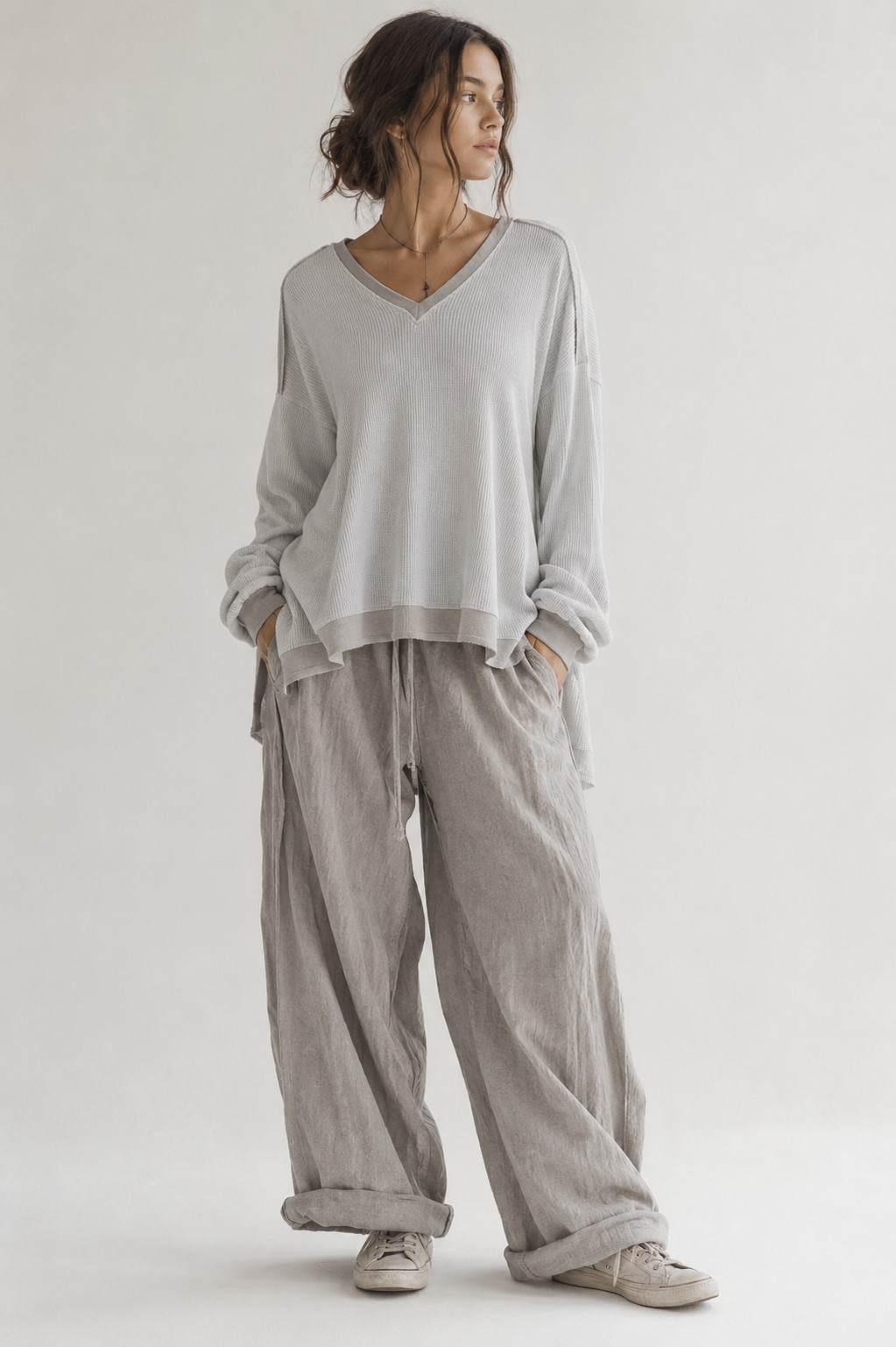 XCVI The Oxley V-neck Hi-lo Valentina Thermal Waffle Knit Top Women’s M NWT