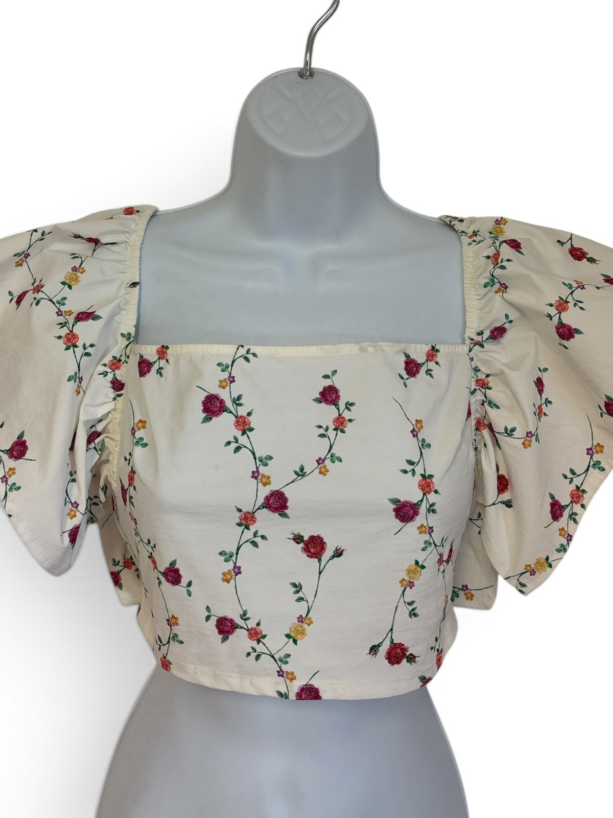 zara Crop Top womens size M floral white Flutter square neck Cottage NWOT