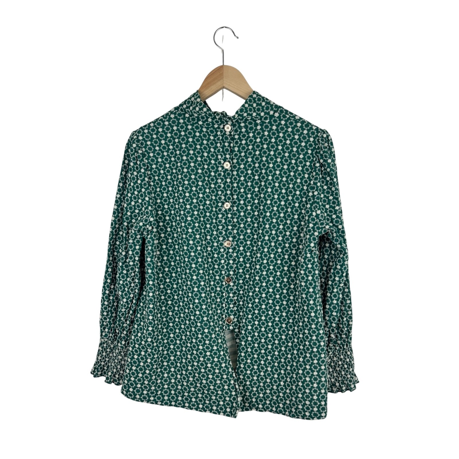 Buru Embroidered Button-Back Mod Top Green M Cotton Long Sleeves