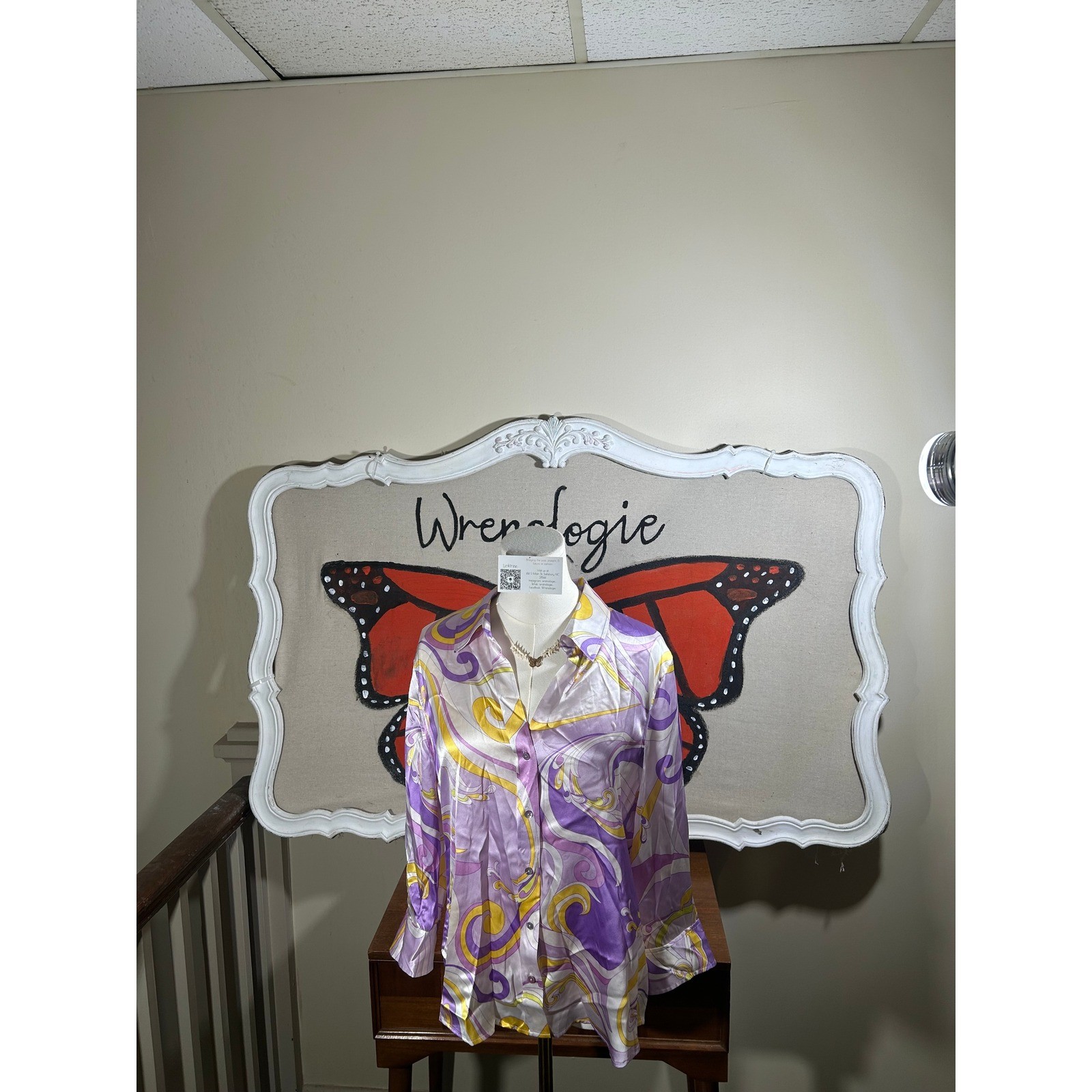 L’AGENCE Purple Gold Psychedelic Swirl Satin Button Down Shirt Womens Medium