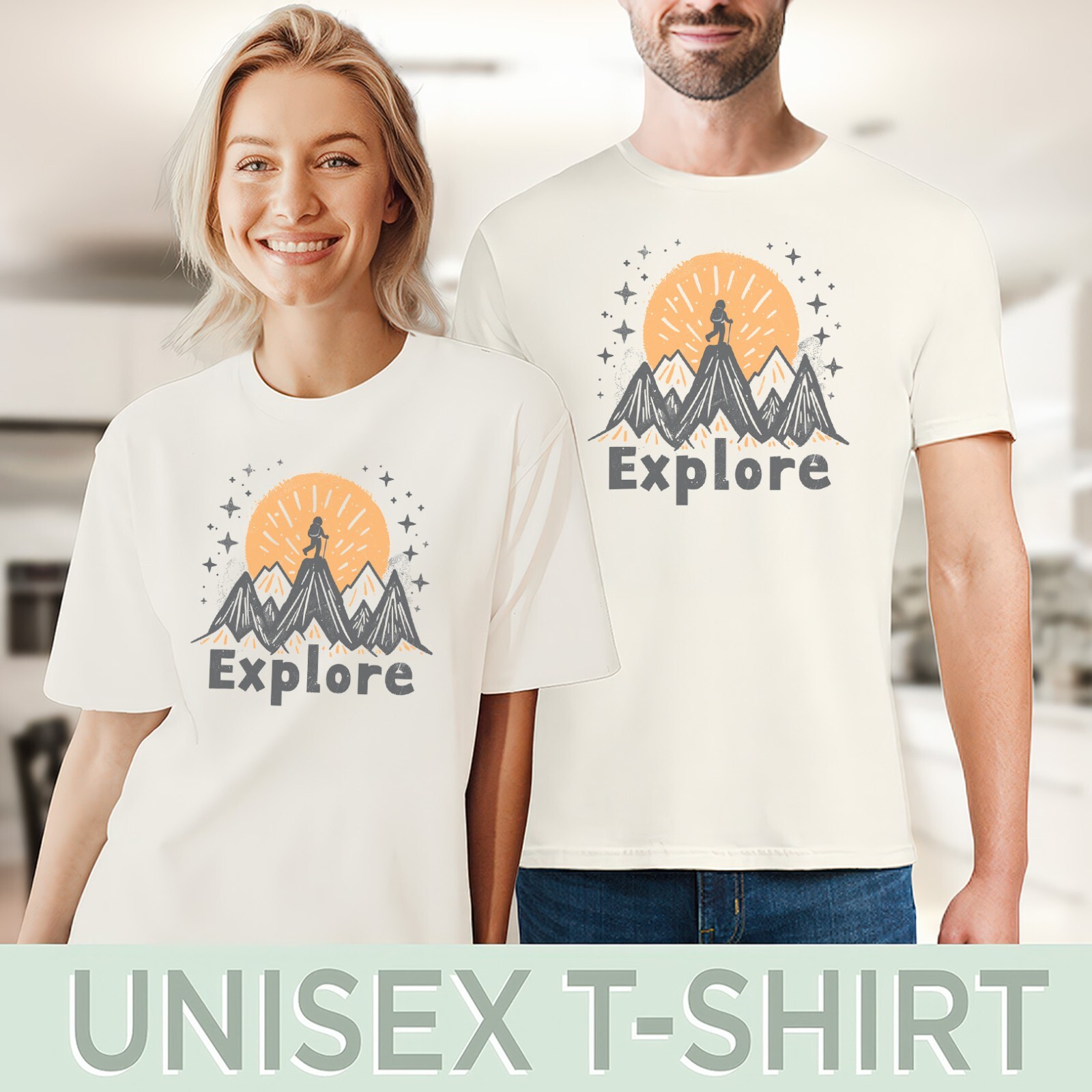 Explore Graphic Tee Hiking Mountain Shirt with Sunset and Star Design