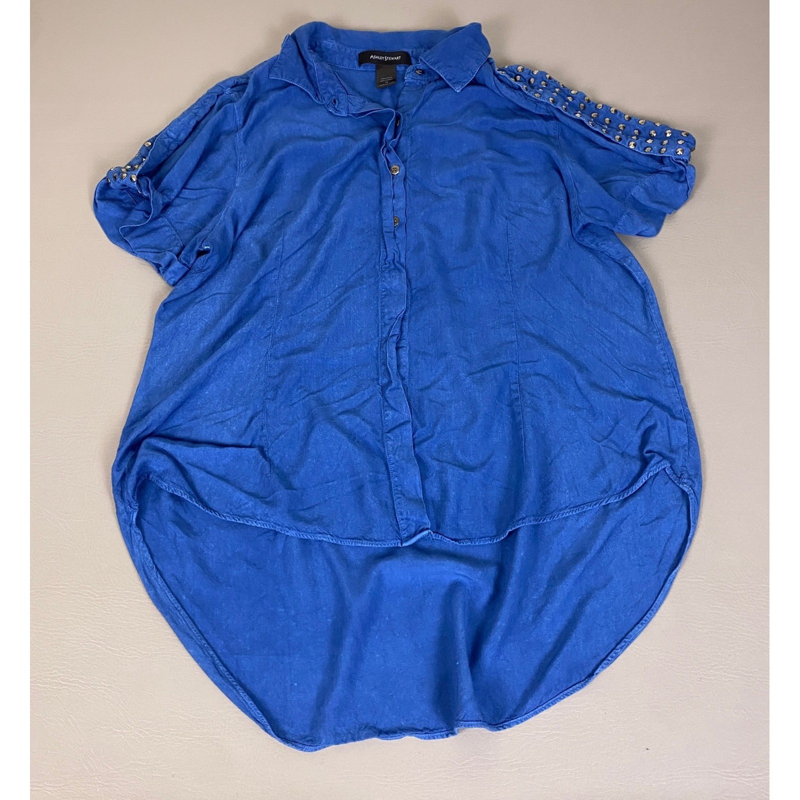 Ashley Stewart Button Up Shirt Women Size 16 Royal Blue Studded Cold Shoulder