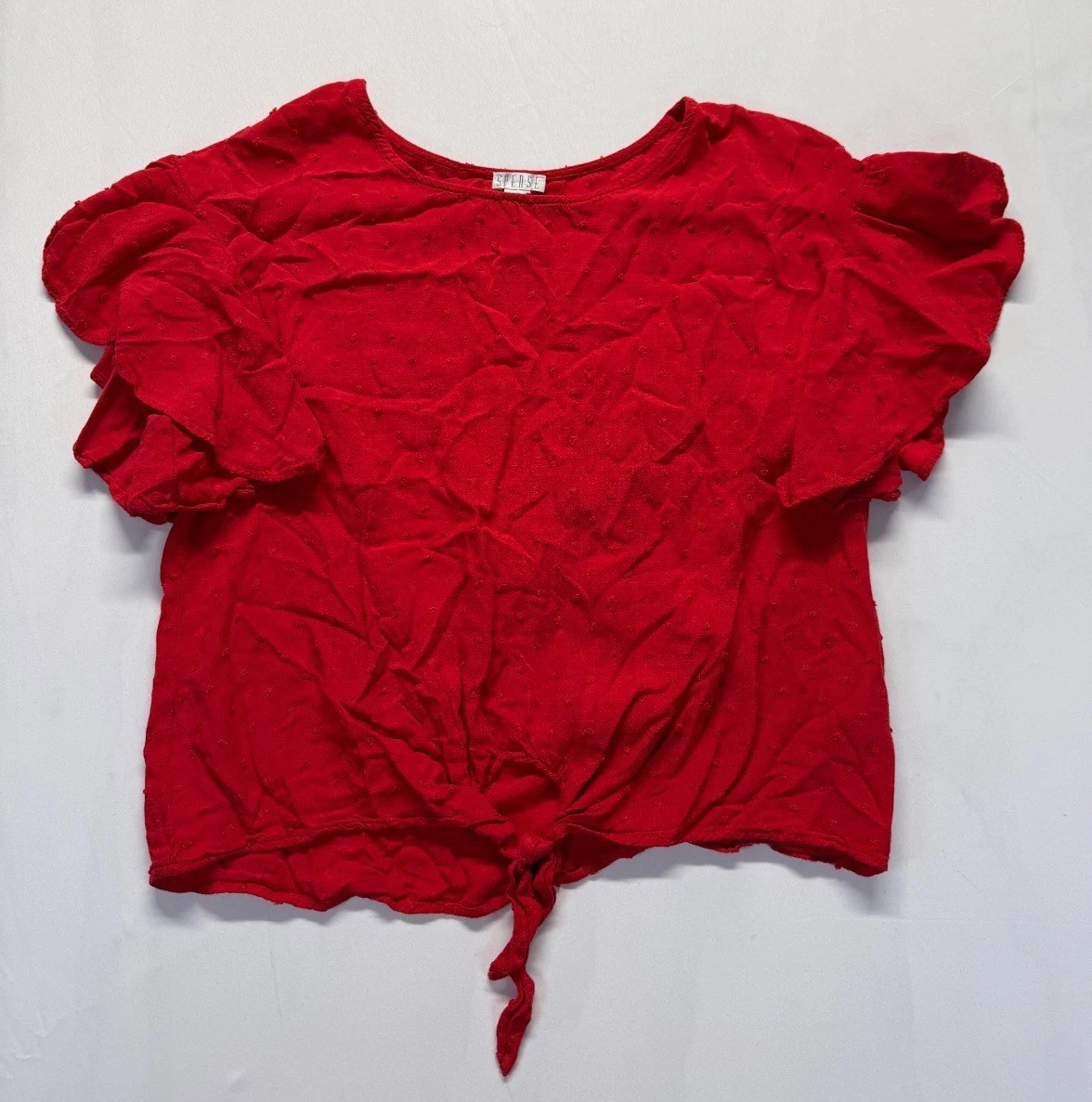 Spense Blouse Top Womens Medium Red Rayon Swiss Dot Flutter Sleeve Front Tie Hem
