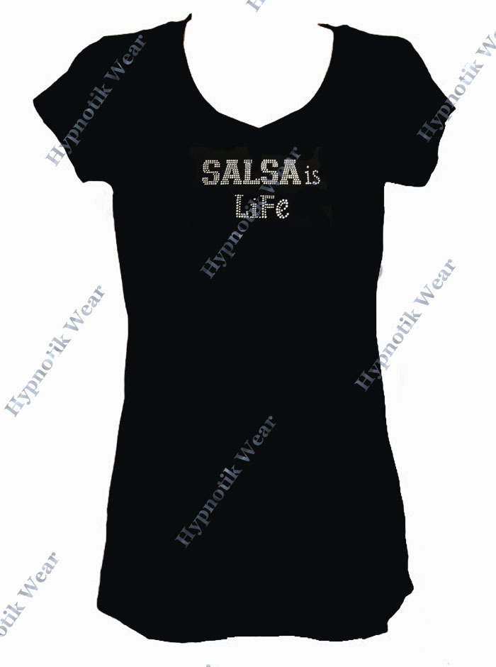 Women’s Rhinestone T-Shirt ” Salsa is Life ” in S, M, L, 1X, 2X, 3X Dance