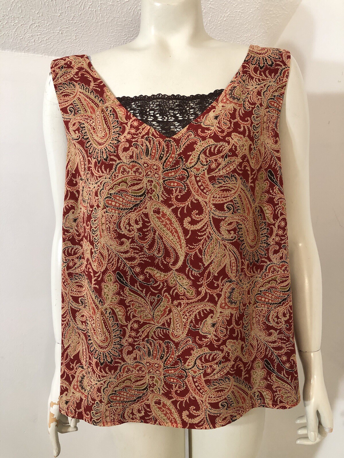 Emma James New Womens 16 Reversible Tank Top Red Tan Brown Paisley Lace Inset