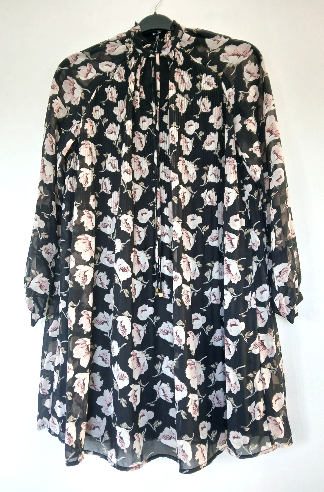 Very Long Chiffon Evening/Occasion Top/Dress in Black & Floral Design, Size 12