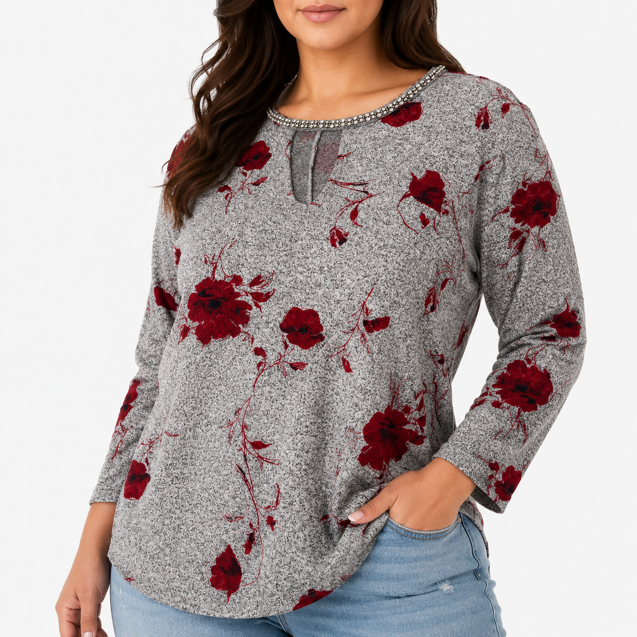 Jennifer Lopez Floral Knit Top Women’s Large Gray Red Rose Print Beaded Neck