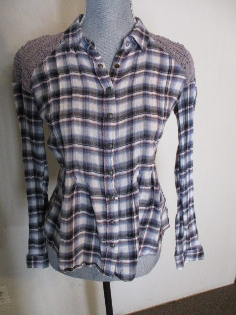 Free People FAB! Plaid Crochet Lace Insert Lower Peplum Shirt in Blue Plaid 2