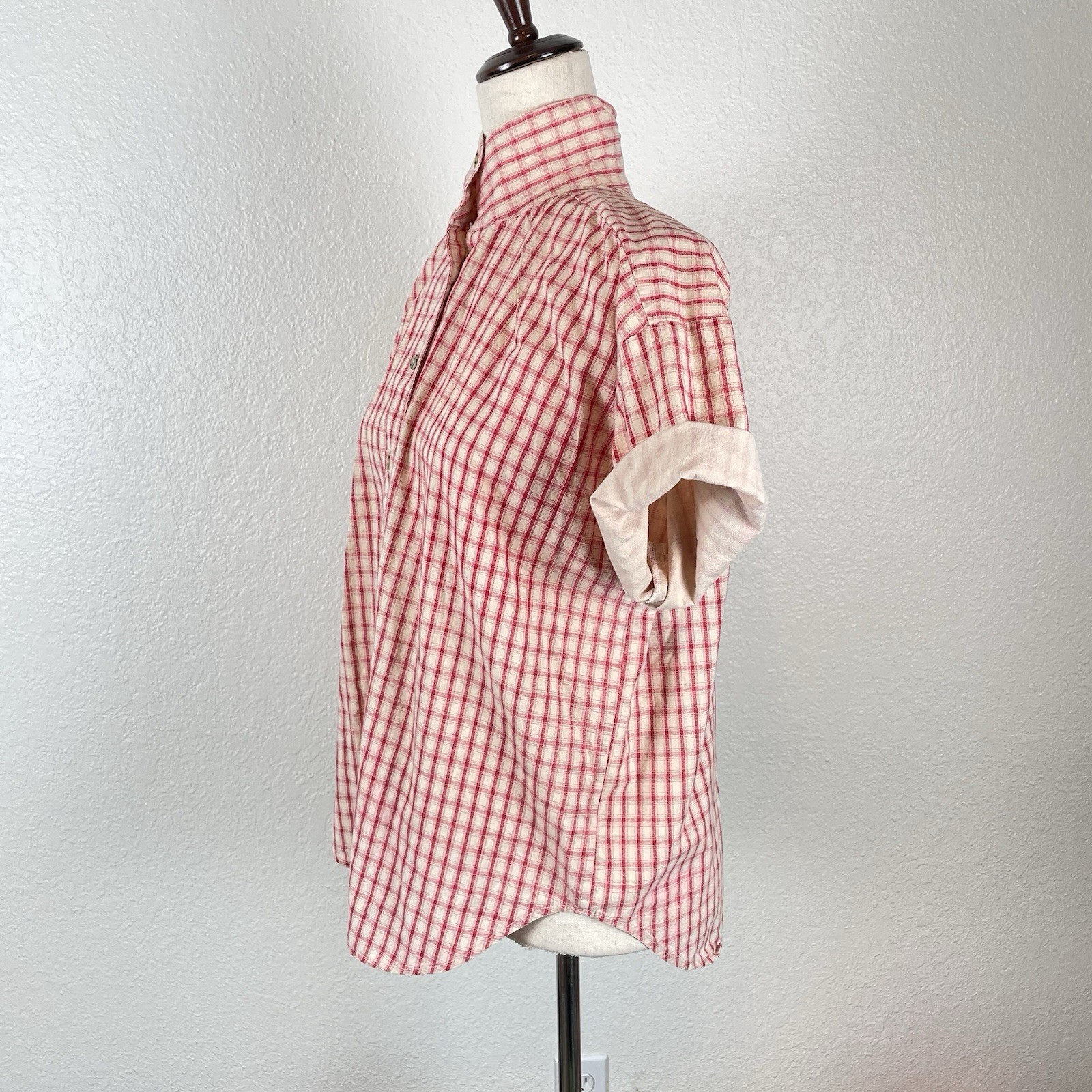 Vintage 90s Plaid Shirt Women’s S High Neck Gingham Pink & Cream Preppy USA