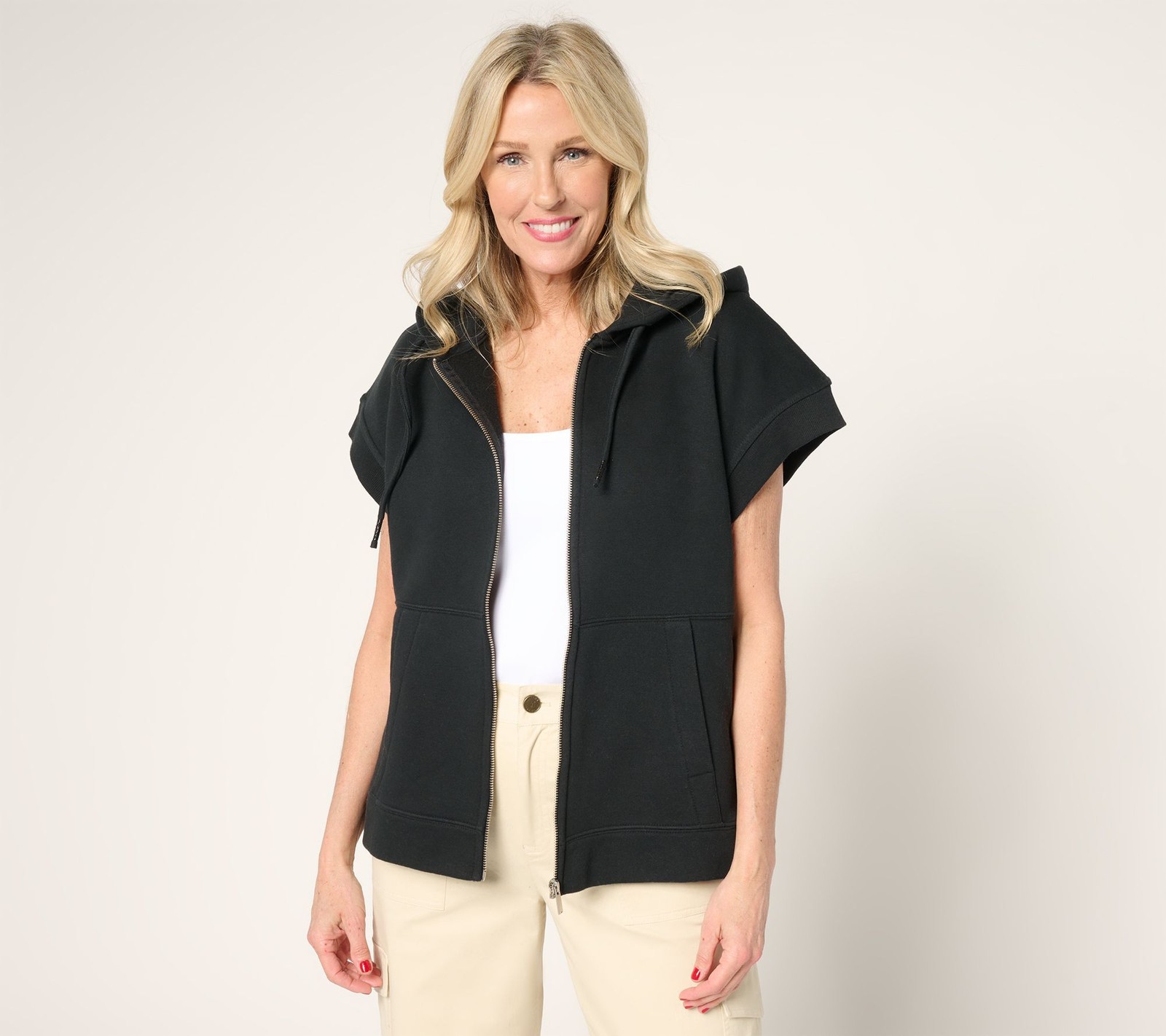 Martha Stewart Women’s Top Sz L Signature Towel Terry Zip Front Black A685814