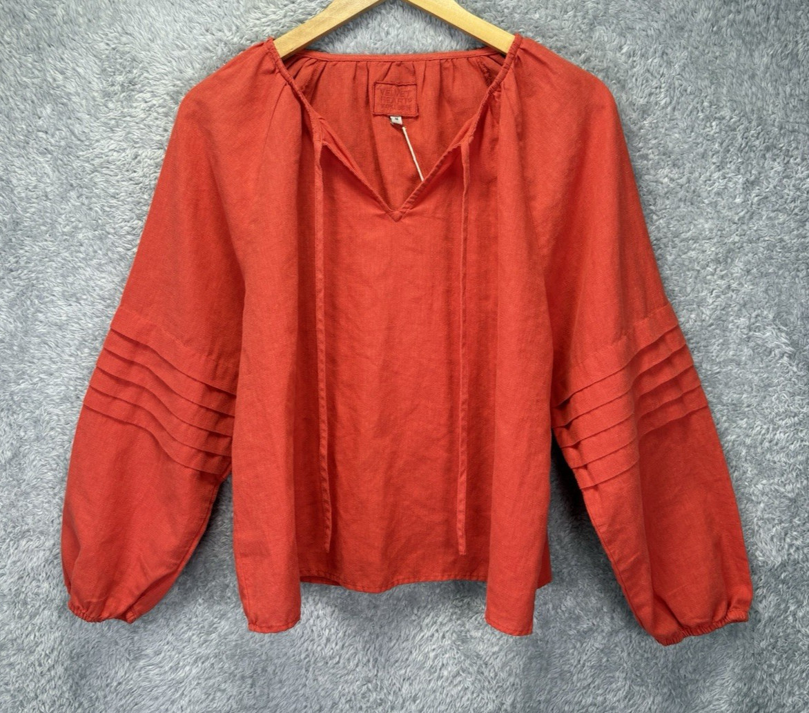 Velvet Heart Womens M 100% Linen Peasant Blouse Orange Balloon Sleeve Boho NEW