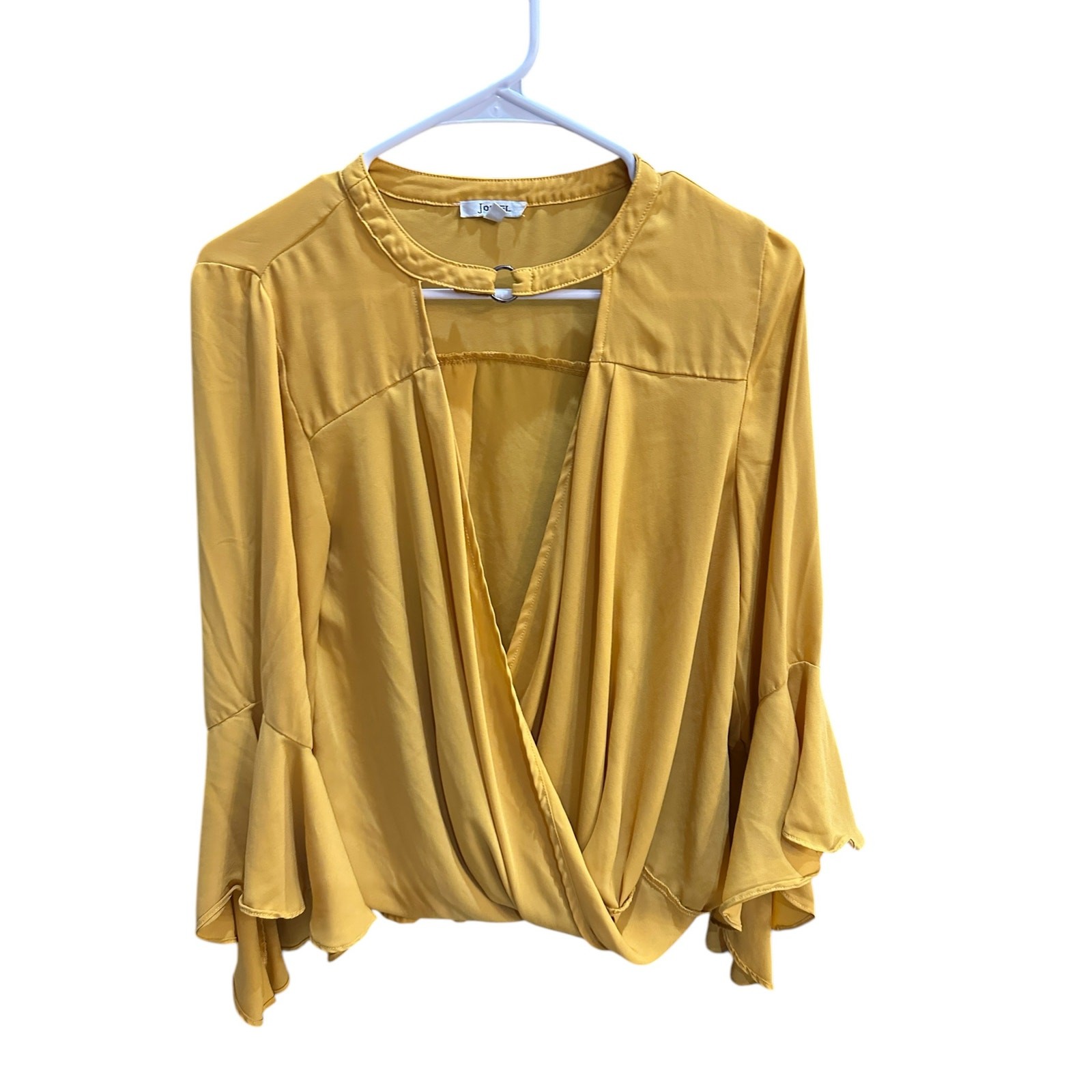 JODIFL Women’s Small Yellow Keyhole V-Neck Neckline Drape Long Sleeve Blouse