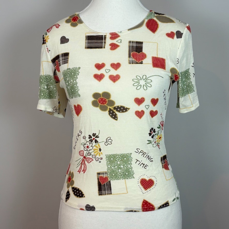 VTG Y2K Allover Cottagecore Pattern Stretch Slim Fit Top Juniors SZ Large